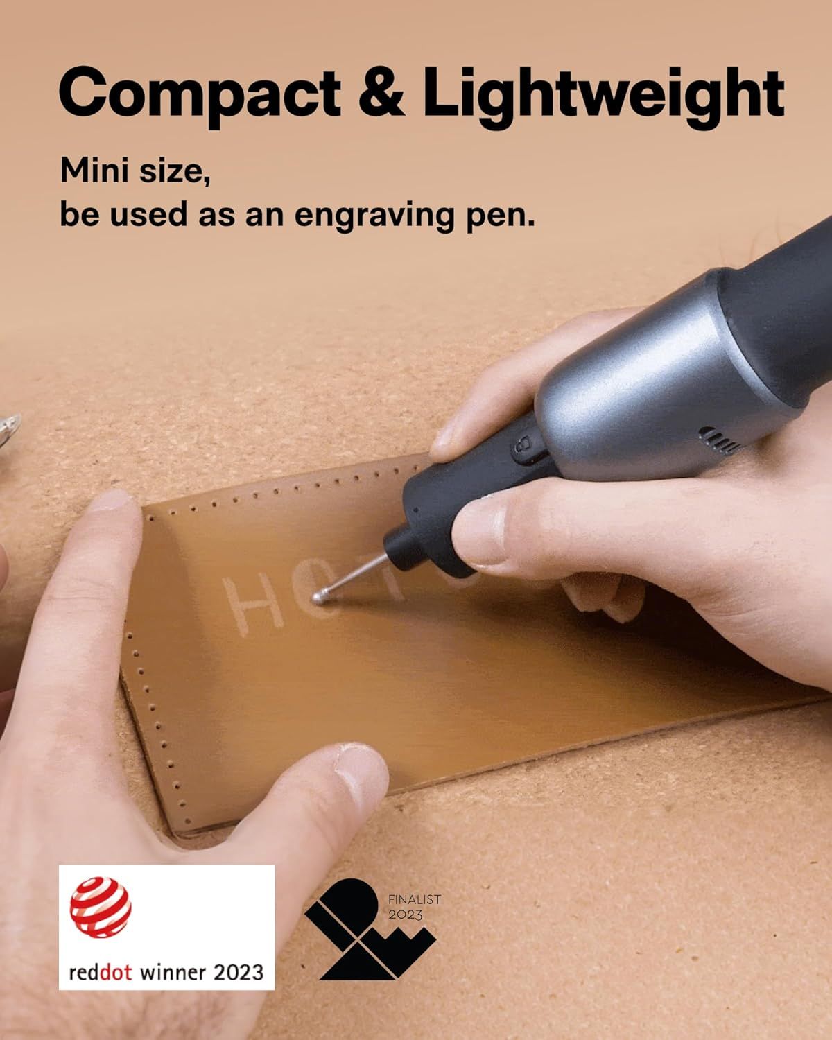 Communicates that the product is mini-sized and lightweight, making it portable and versatile enough to be used as an engraving pen.