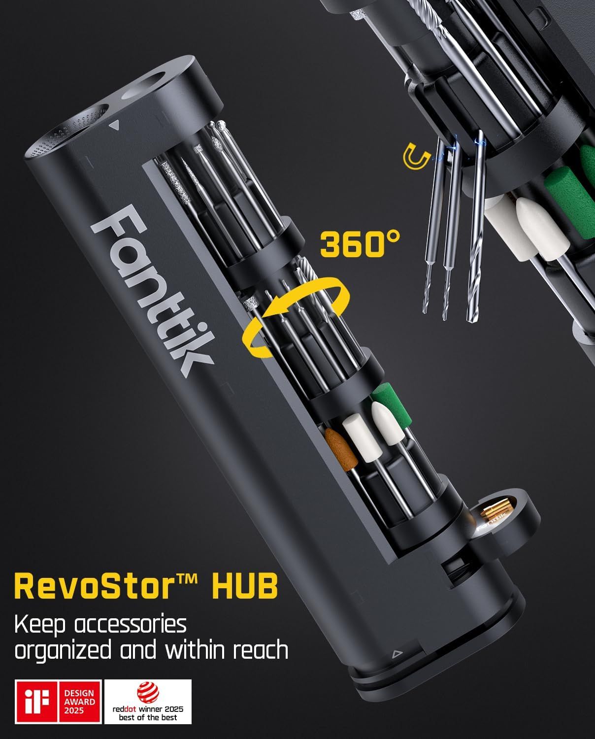 Highlights the rotating mechanism of the RevoStor HUB that allows users to keep drill bits and accessories organized and easily accessible with a 360-degree rotation feature.