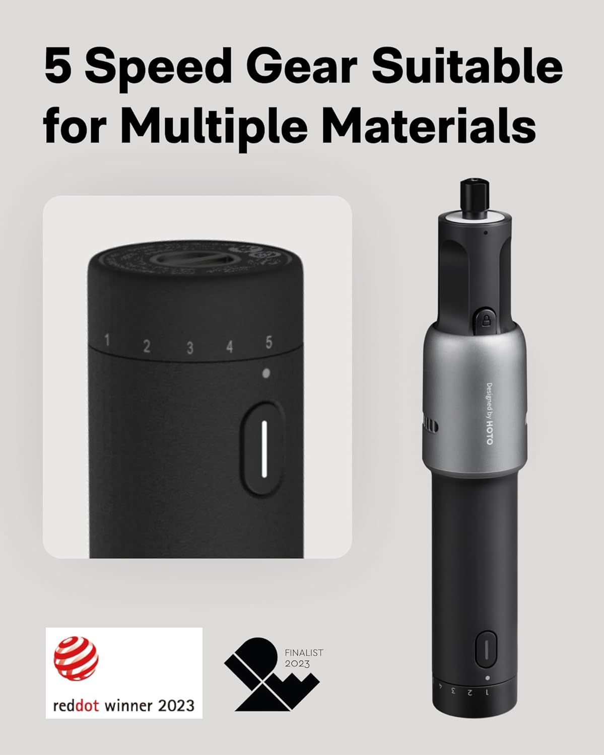 Communicates that the product has a 5-speed gear system that can handle multiple materials, emphasizing versatility and control for different applications.