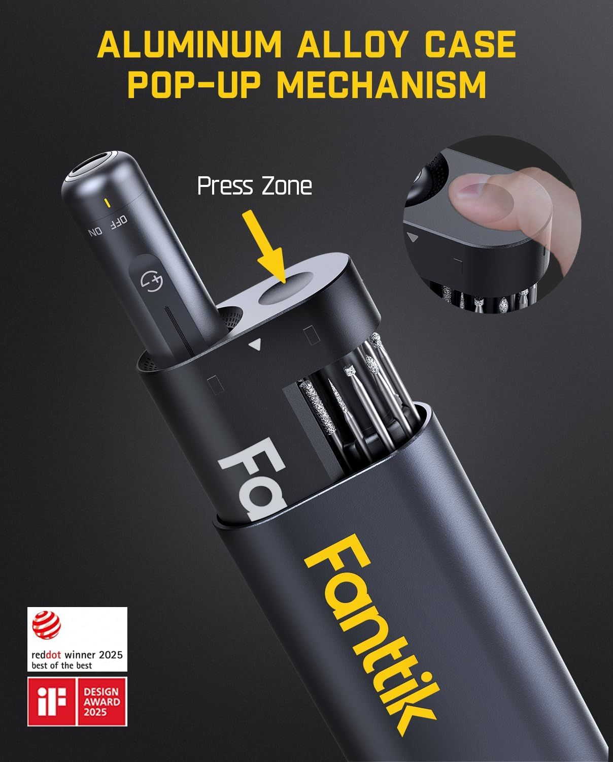 Highlights the innovative pop-up mechanism and premium aluminum alloy construction to demonstrate ease of use and quality materials.