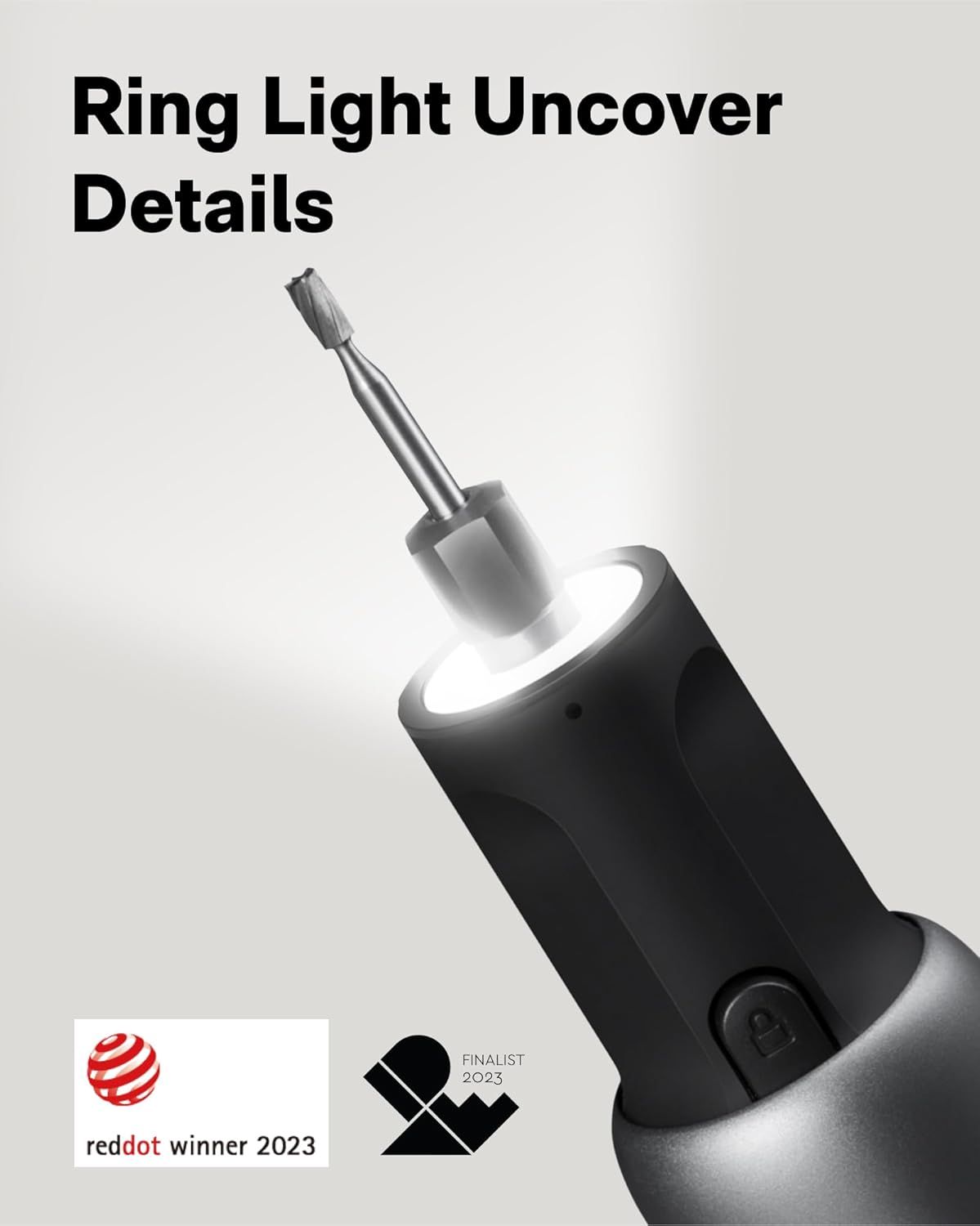 Highlights the built-in ring light feature and rotating bit holder mechanism to show shoppers the functional design details of this tool.
