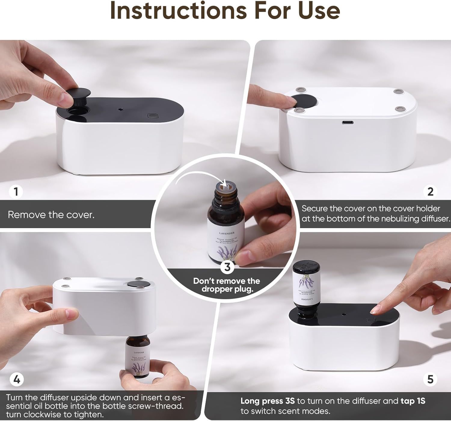 Provides step-by-step visual instructions on how to set up and use the nebulizing diffuser, including removing the cover, inserting essential oil, and operating the device.