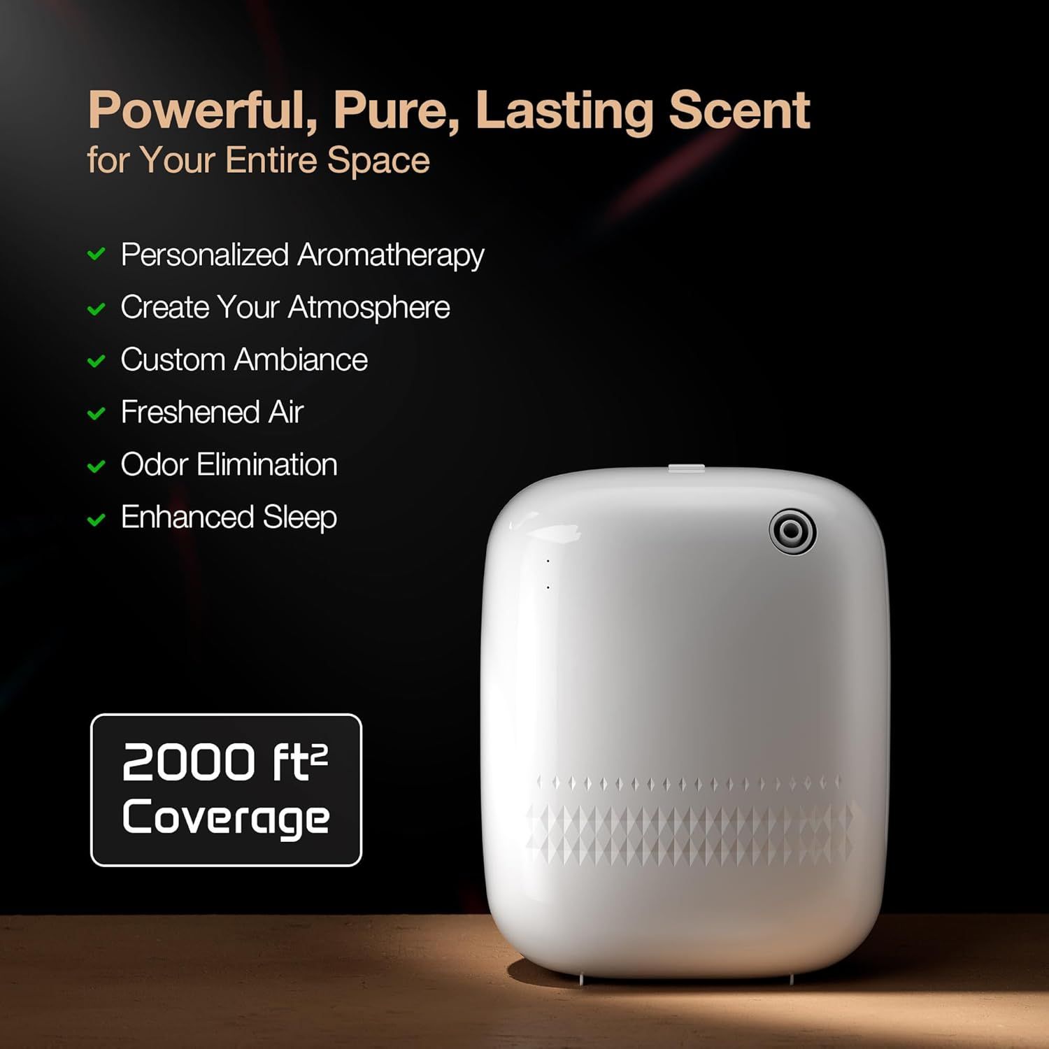 Showcases multiple benefits of the aromatherapy device including personalized scent options, air freshening, odor elimination, sleep enhancement, and large coverage area to demonstrate the product's…