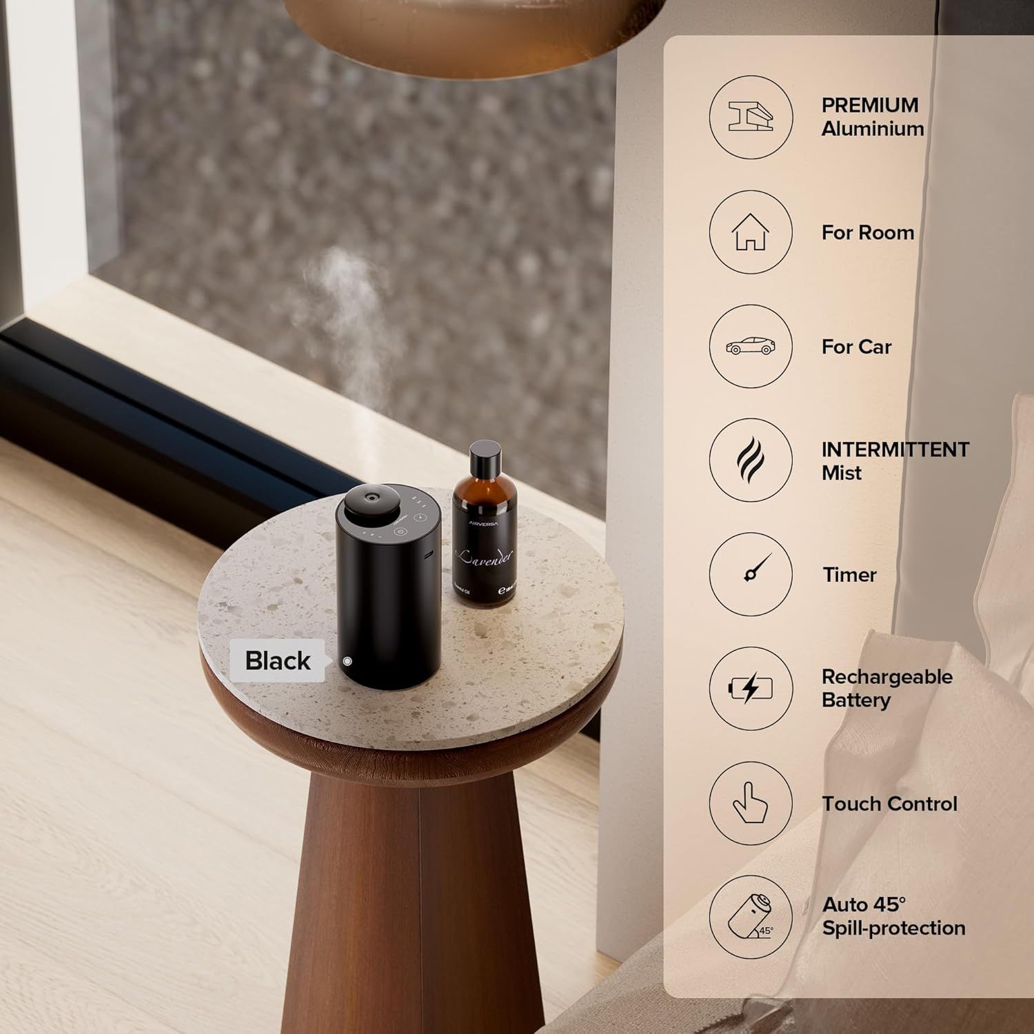 Showcases multiple key features and benefits of the diffuser to help shoppers understand its versatility, material quality, and convenience features in one comprehensive view.