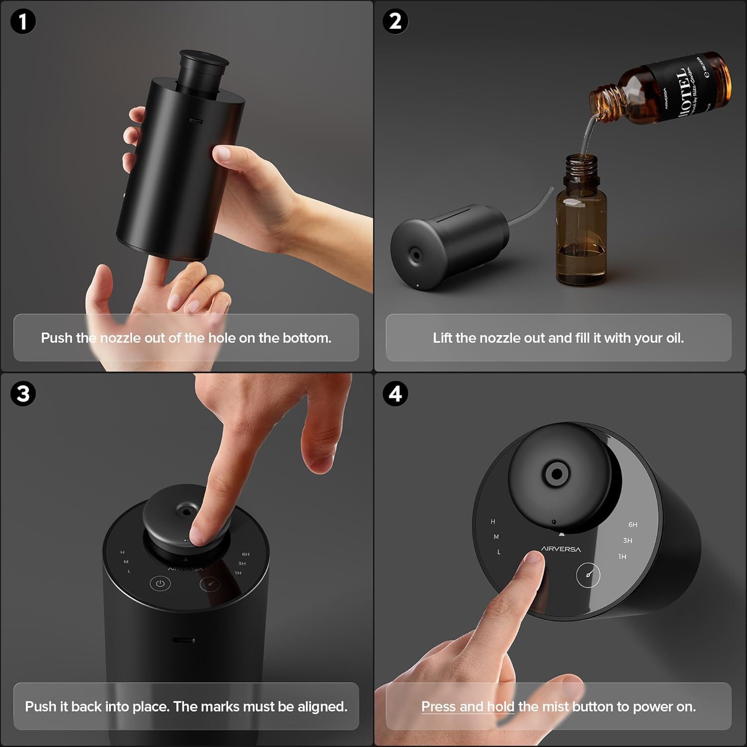 Provides step-by-step visual instructions on how to assemble, fill, and operate the oil diffuser to reduce friction during setup and ensure proper use.
