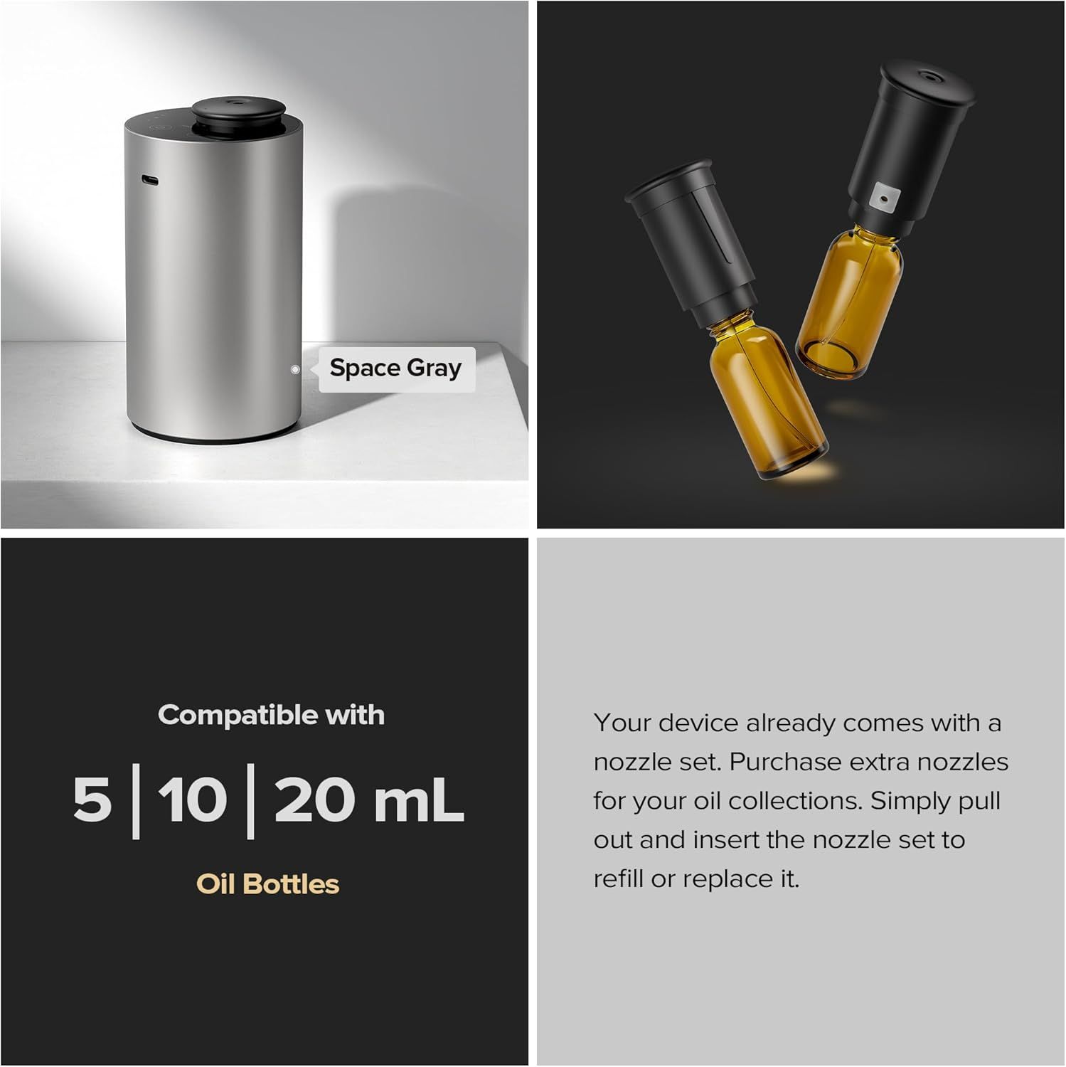 Communicates that the device works with multiple oil bottle sizes and includes a replaceable nozzle set, reassuring shoppers about versatility and ease of refilling.
