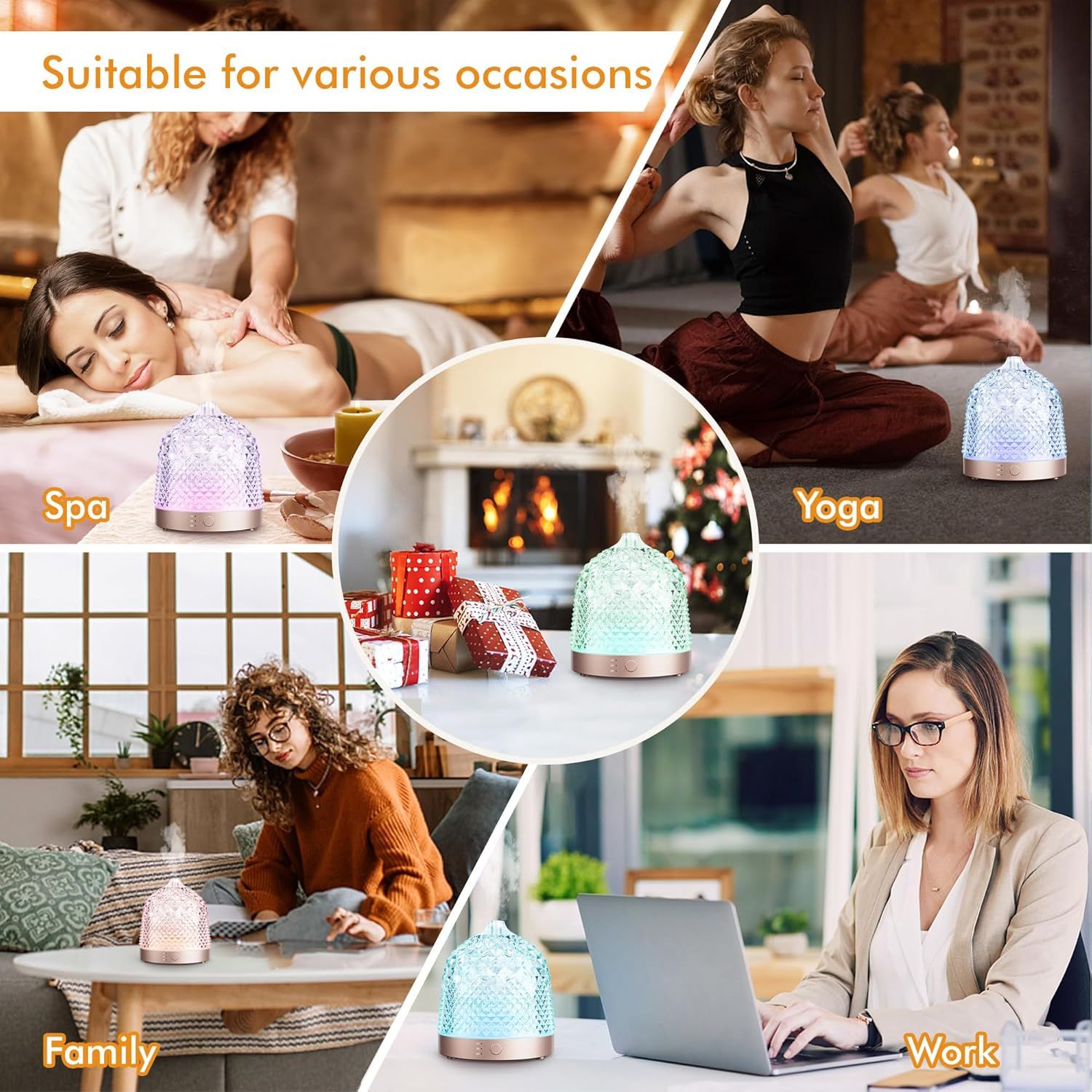 Demonstrates the product's versatility by showing it can be used in multiple settings including spa, yoga, family time, and work environments to appeal to a broader range of shoppers.
