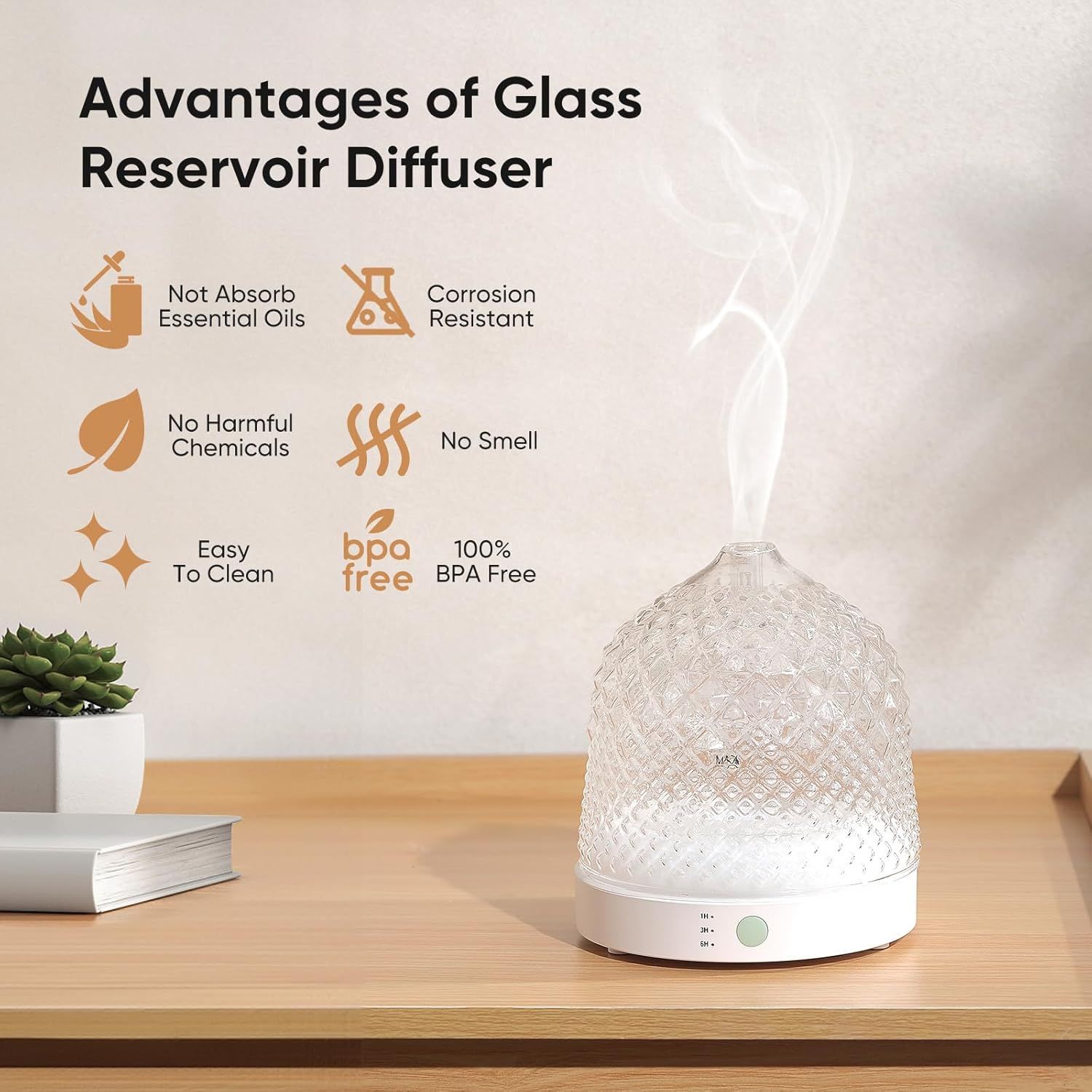 Communicates six distinct advantages of the glass reservoir diffuser to reassure shoppers about material safety, maintenance ease, and compatibility with essential oils.