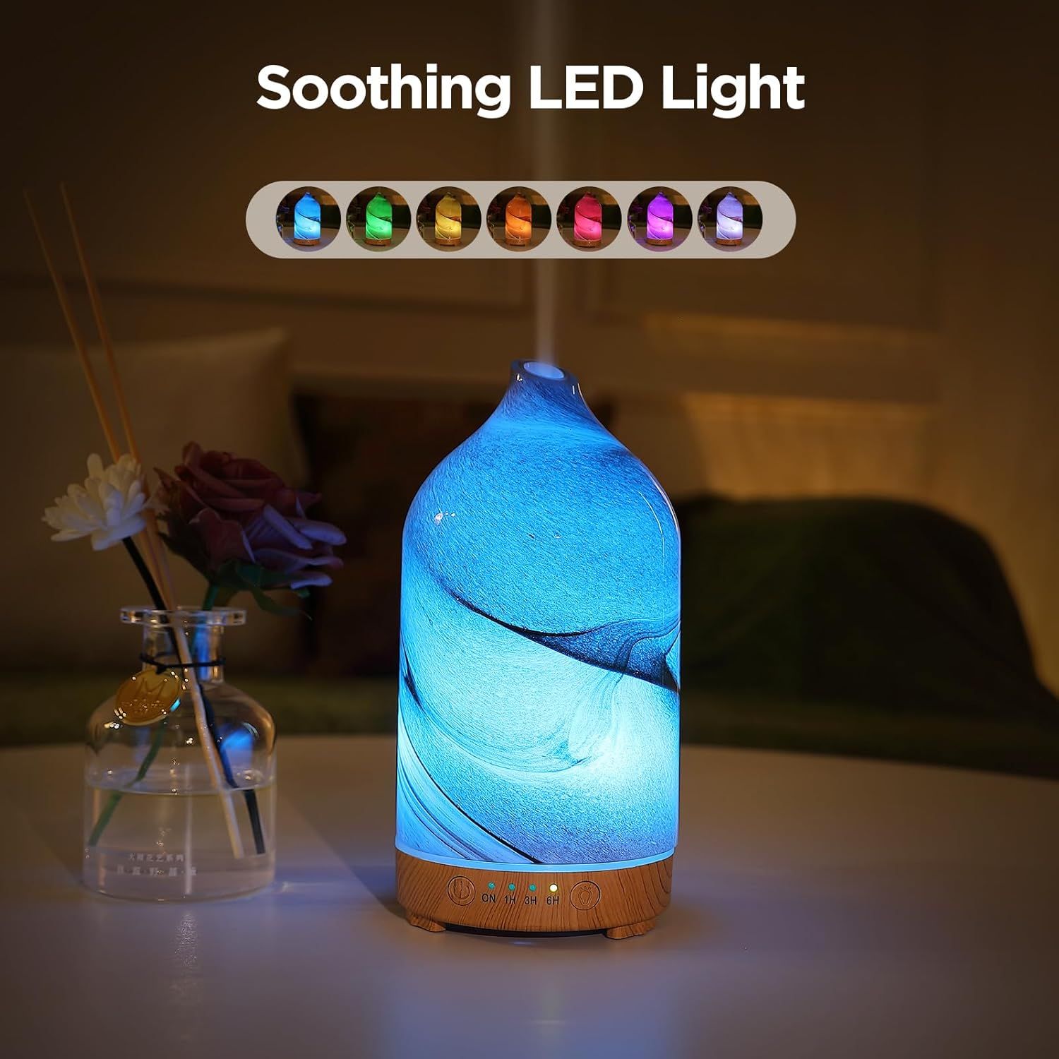 Highlights the product's LED lighting feature with multiple color options to communicate its ambient and mood-setting capabilities for relaxation.