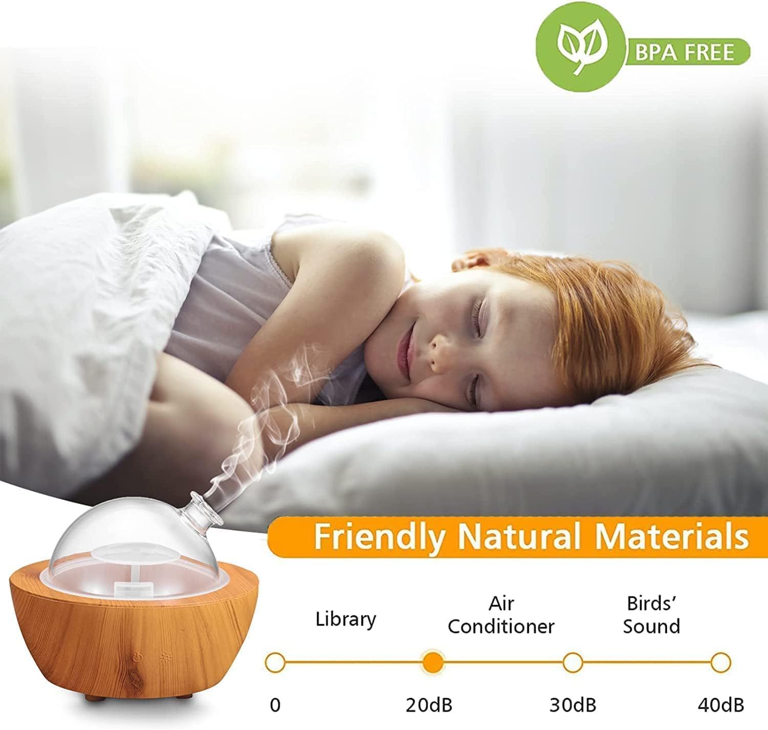 Communicates that the product operates quietly and is made from safe, natural materials, making it ideal for use around sleeping children.