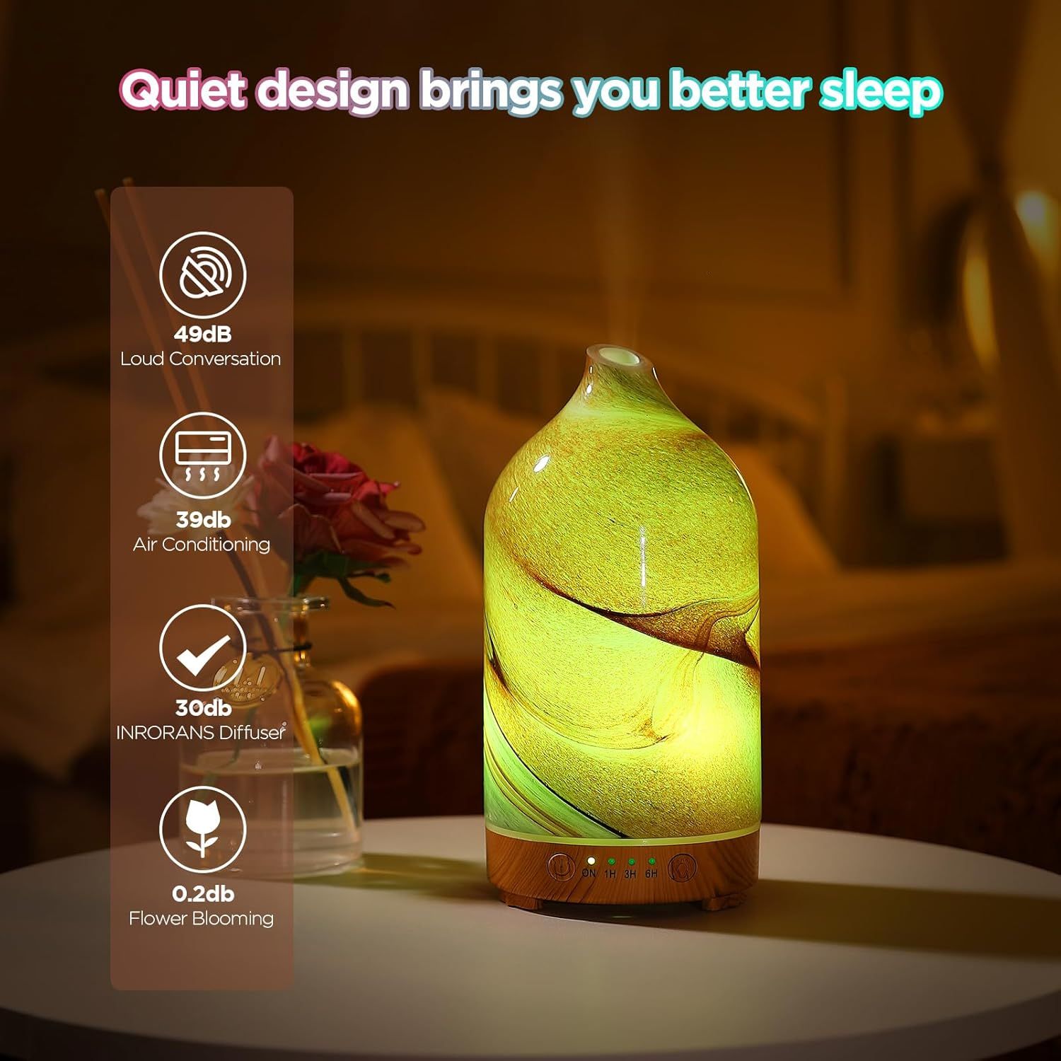 Communicates that the diffuser operates quietly at 30dB compared to loud conversations and air conditioning, making it ideal for better sleep and relaxation.