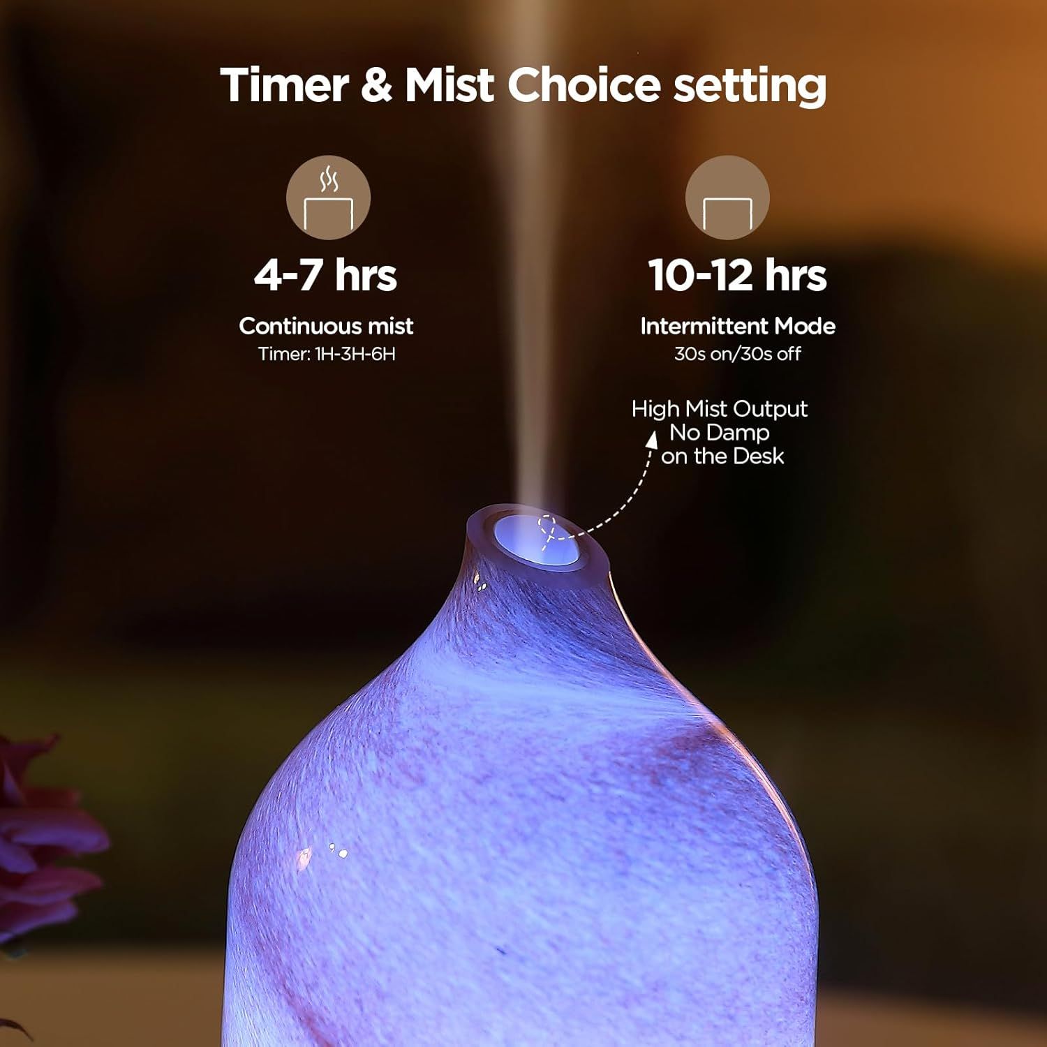 Communicates the versatile timer and mist mode options available, helping shoppers understand how they can customize the humidifier's operation for continuous or intermittent use without creating…
