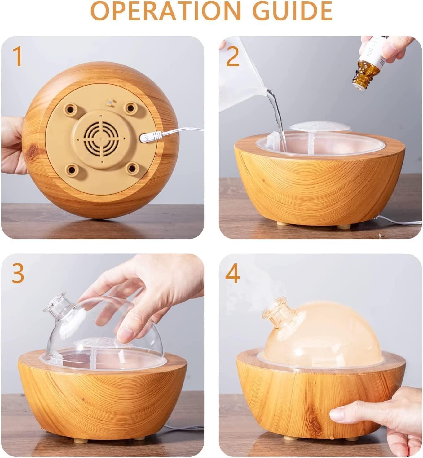 This image provides step-by-step instructions on how to set up and use the diffuser, showing customers how to plug it in, add water and essential oils, place the cover, and operate the device.