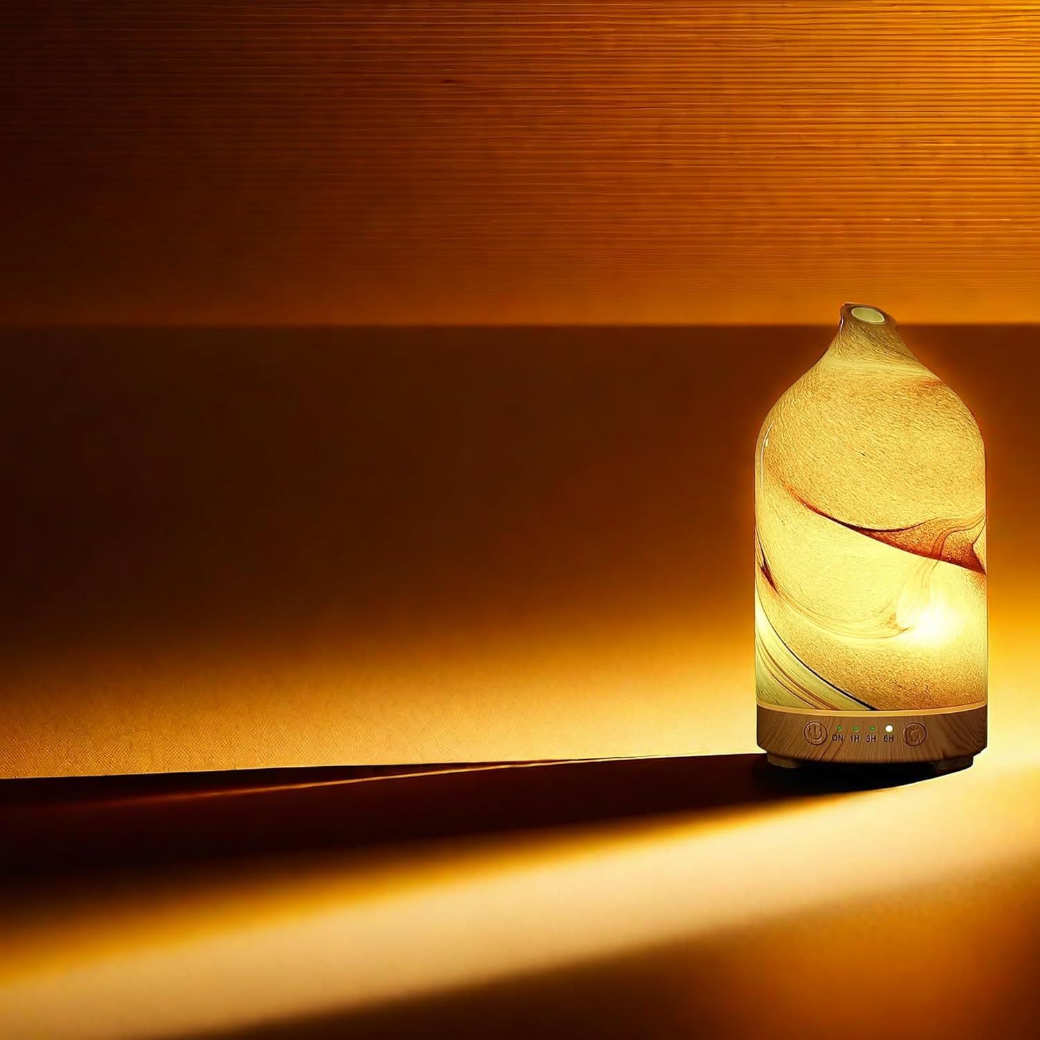 Demonstrates the product in a real-world setting to show how it creates warm, ambient lighting in a home environment.