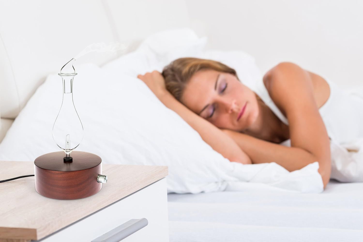 Demonstrates the product being used in a bedroom setting to show its application as a nighttime or sleep-enhancing device.