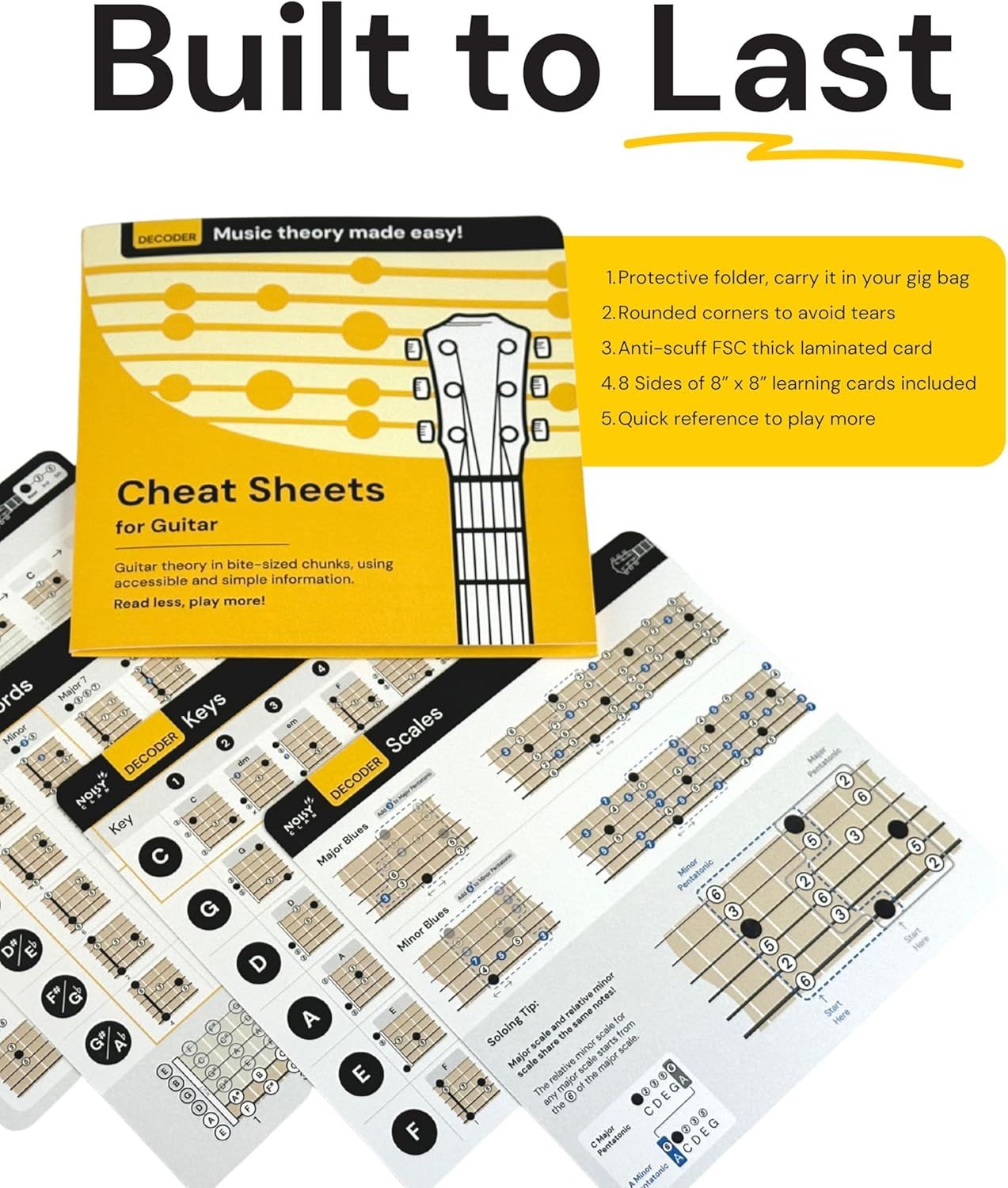 Communicates multiple durability and usability features of the guitar cheat sheet product to reassure shoppers about its quality and practical benefits.
