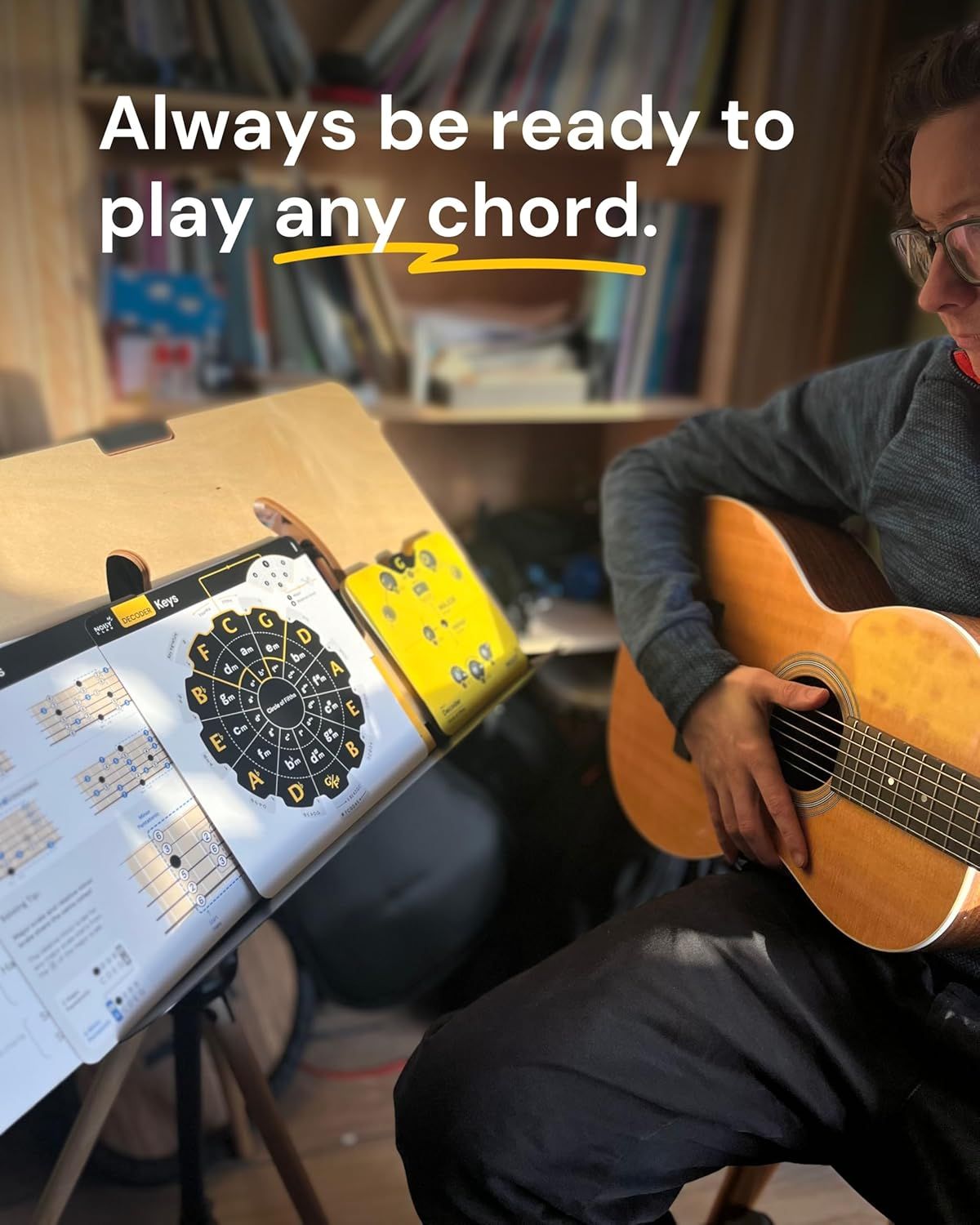 Communicates that the product enables users to quickly reference and play any guitar chord, making learning and playing easier.