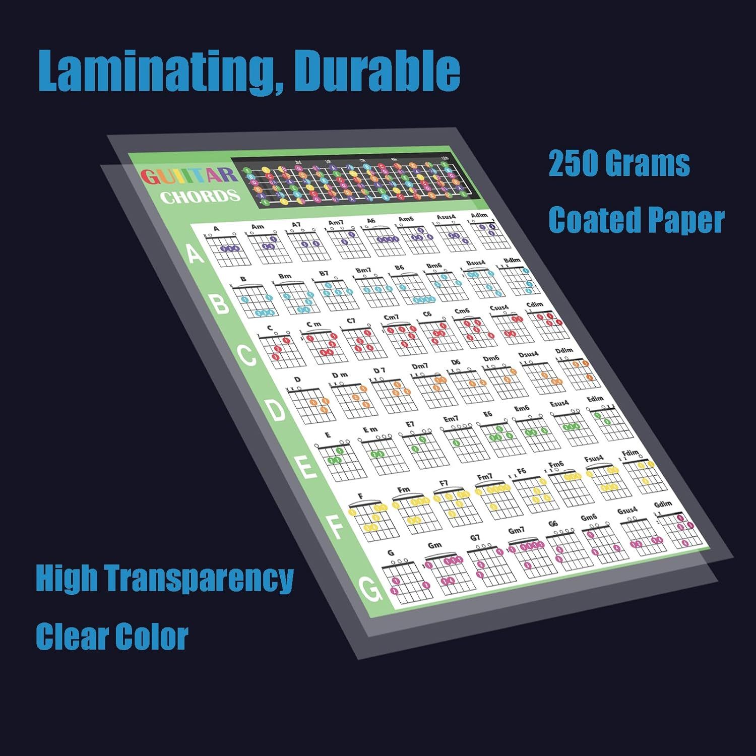 Communicates multiple material and quality features of the guitar chords chart to reassure buyers about its durability, clarity, and premium construction.
