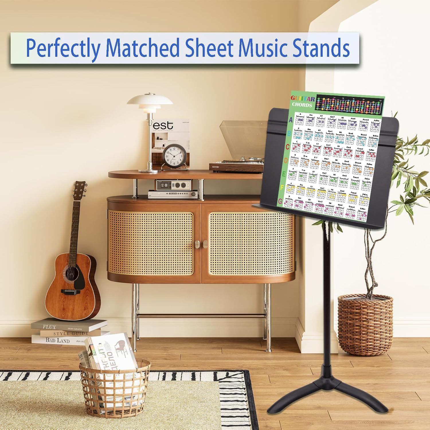 Shows the sheet music stand in a real-world music room setting to help shoppers visualize how the product fits into their home environment.