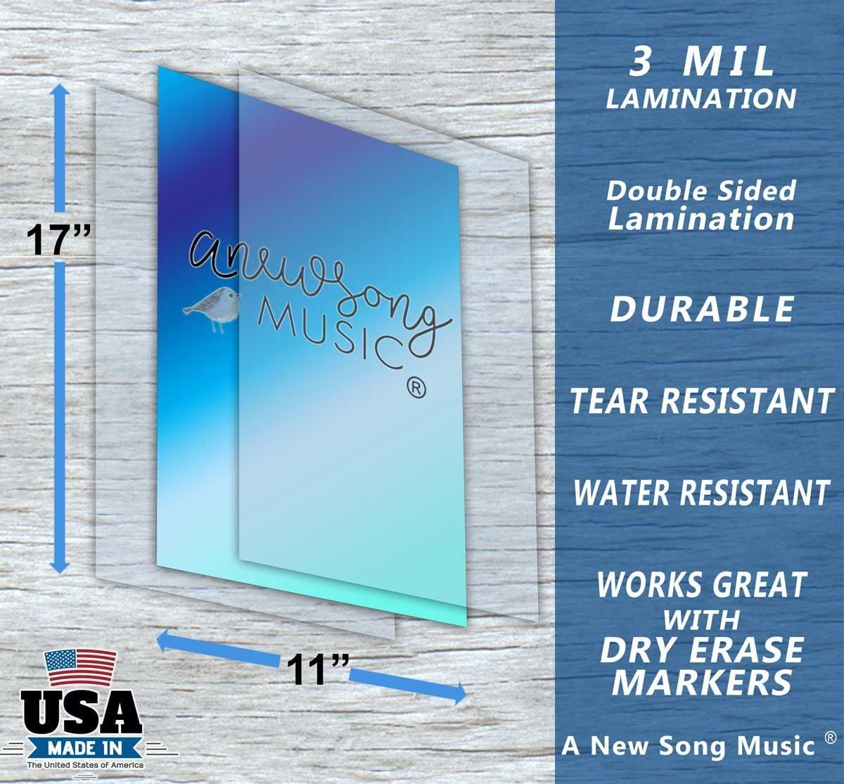 Communicates multiple protective and functional features of the laminated product to reassure shoppers of its durability, versatility, and compatibility with dry erase markers. Shows the exact…