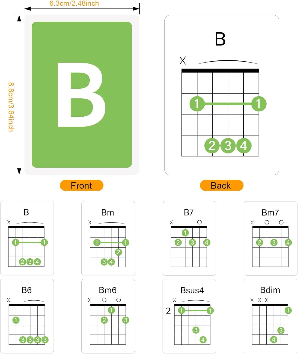 Teaches shoppers how to play various guitar chords by showing finger placement diagrams for multiple chord variations including B, Bm, B7, Bm7, B6, Bm6,…