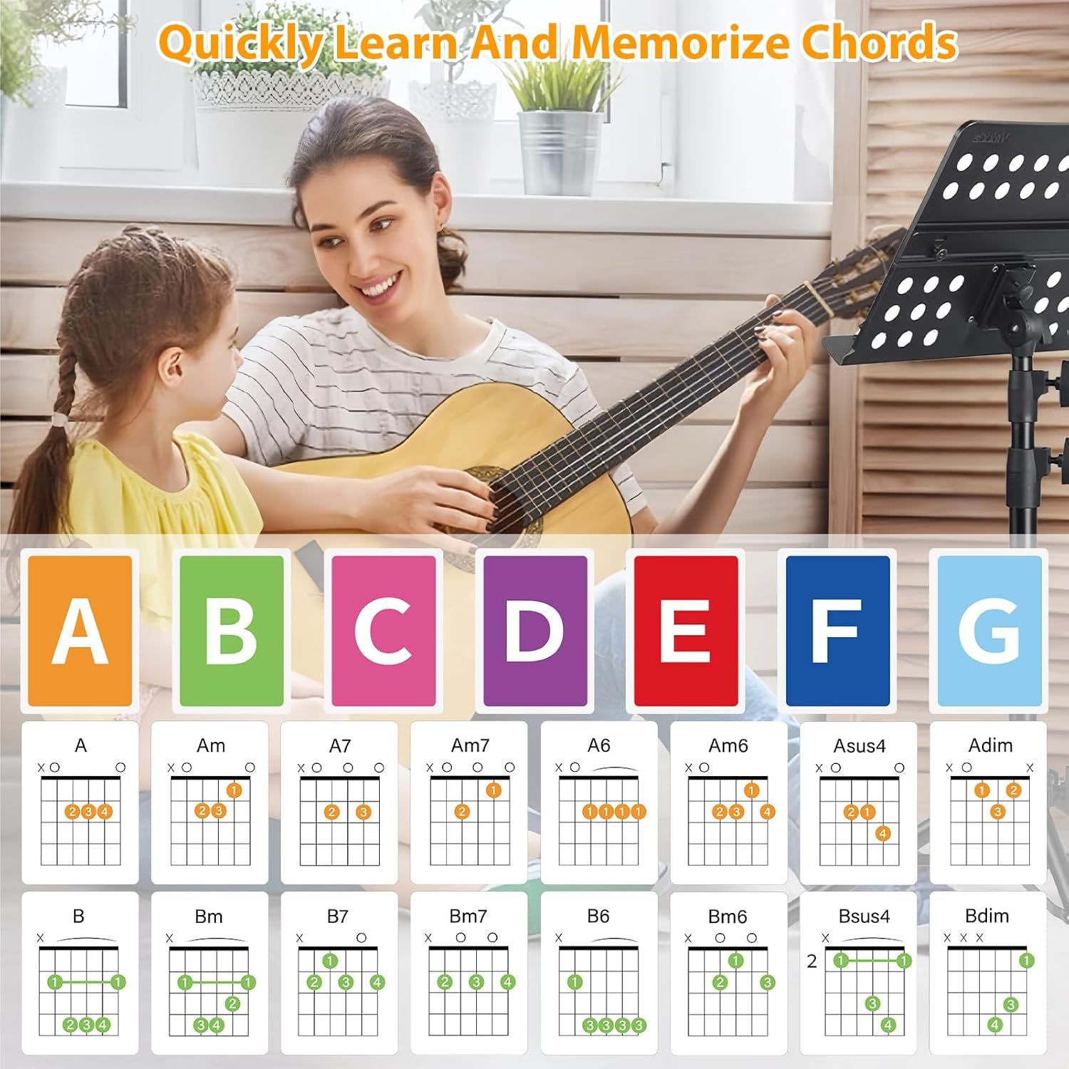 Communicates that the product helps users quickly learn and memorize guitar chords through a visual reference guide, making it easier for beginners to start…