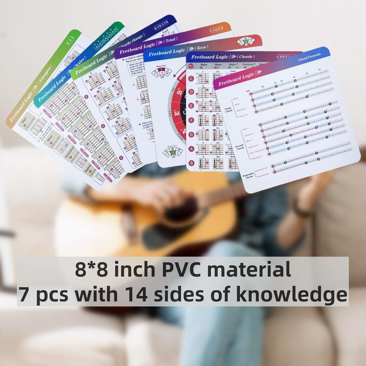Shows the complete set of fretboard logic reference cards included in the purchase, emphasizing the quantity and comprehensive educational content provided. Communicates the exact dimensions and…
