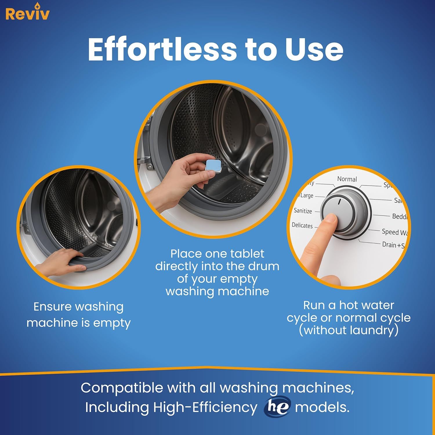 Demonstrates the simple three-step process for using the washing machine cleaning tablet to reassure shoppers that the product is effortless to use. Communicates that the product is compatible with…