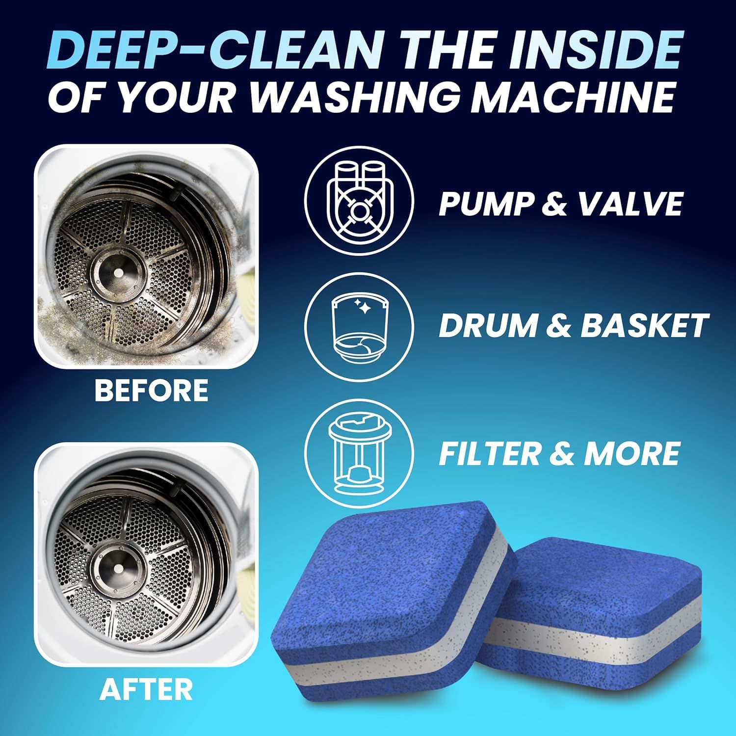 Demonstrates the cleaning effectiveness of the product by showing a dirty washing machine drum before use and a clean drum after use, proving the product delivers visible results. Highlights the…