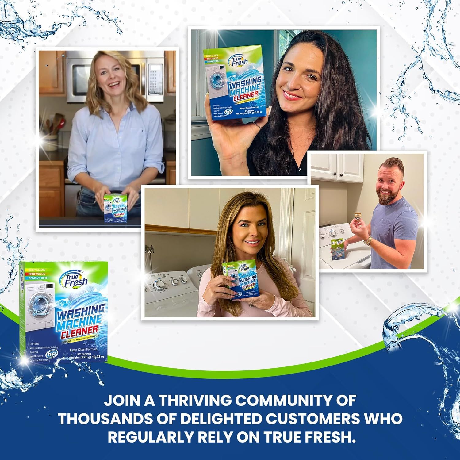 This image showcases real customers using the washing machine cleaner in their homes to build social proof and trust through authentic user-generated content.