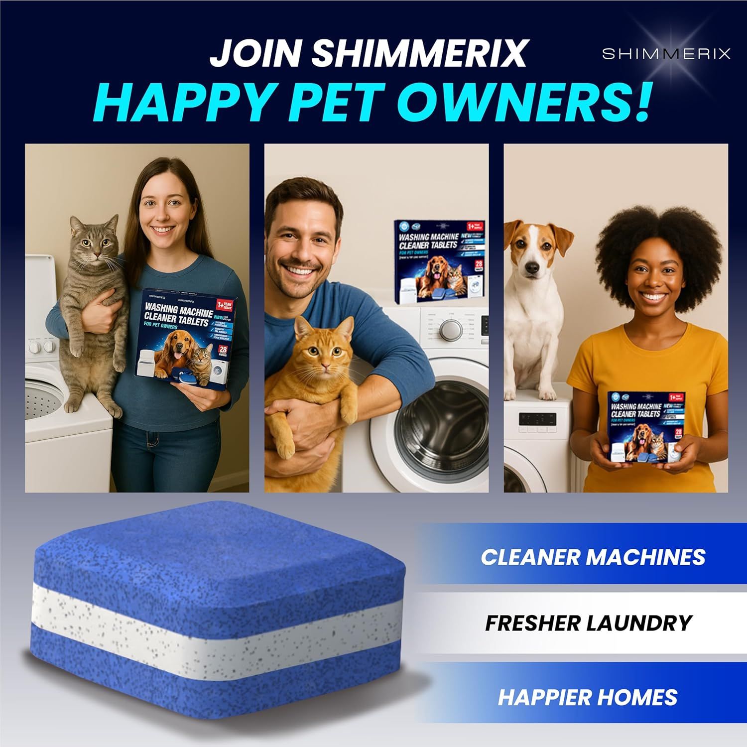 Builds social proof and trust by showing real pet owners happily using the washing machine cleaner tablets, demonstrating that the product is trusted by fellow pet owners.