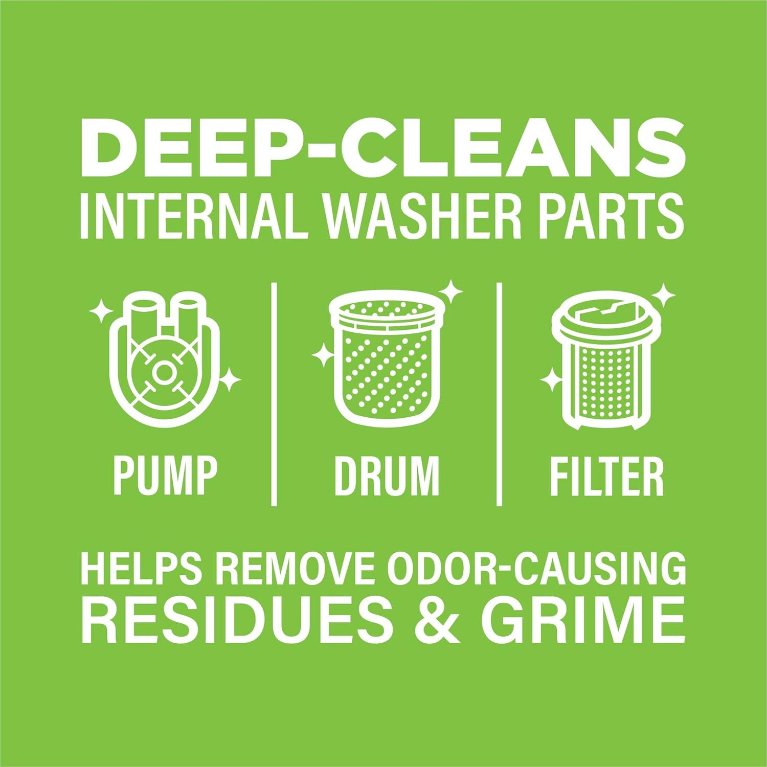 Communicates that the product deep-cleans internal washer components like the pump, drum, and filter to remove odor-causing residues and grime.