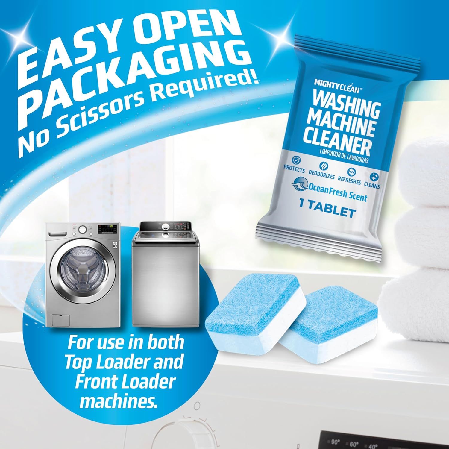Communicates multiple benefits including the convenience of no-scissors-required packaging and the versatility of use in both top loader and front loader washing machines.