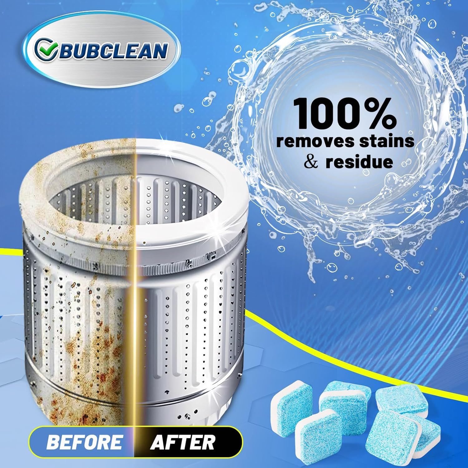 Demonstrates the cleaning effectiveness of the product by showing a washing machine drum before and after use, proving it removes 100% of stains and residue.