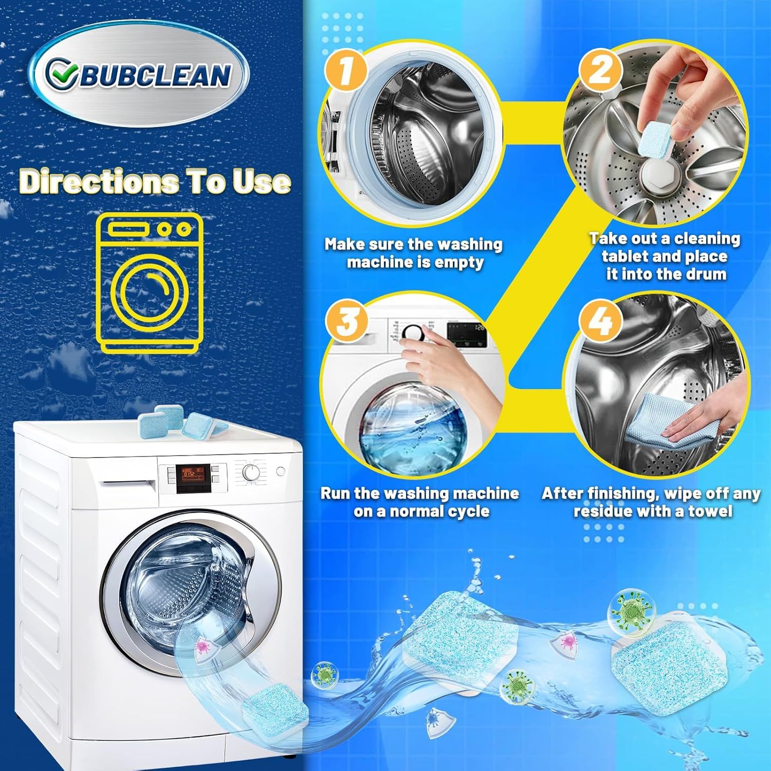 Provides clear instructional steps showing customers exactly how to use the washing machine cleaning tablets, reducing confusion and ensuring proper application.