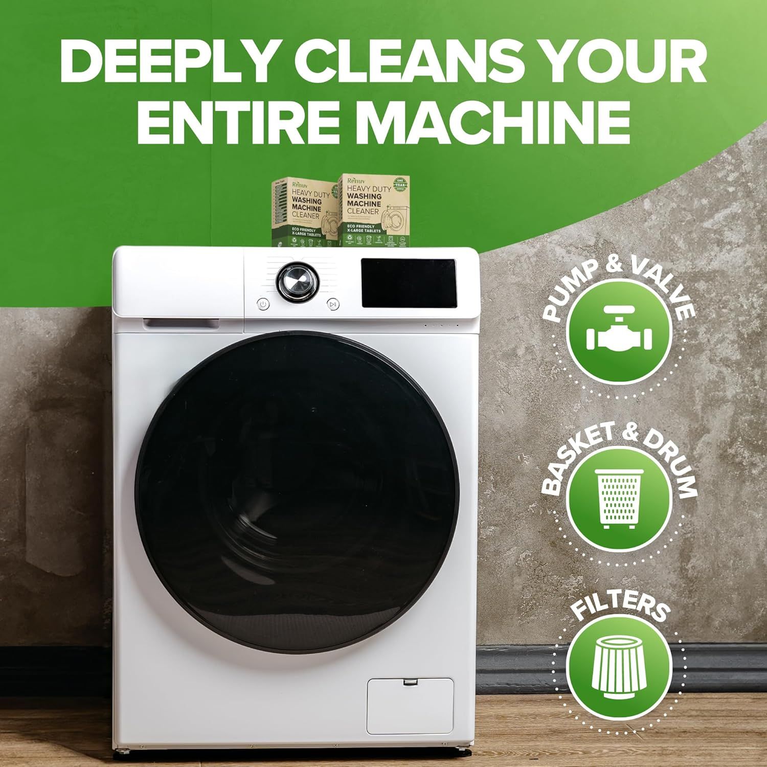 Communicates that the washing machine cleaner deeply cleans multiple parts of the machine including the pump, valve, basket, drum, and filters to maintain…