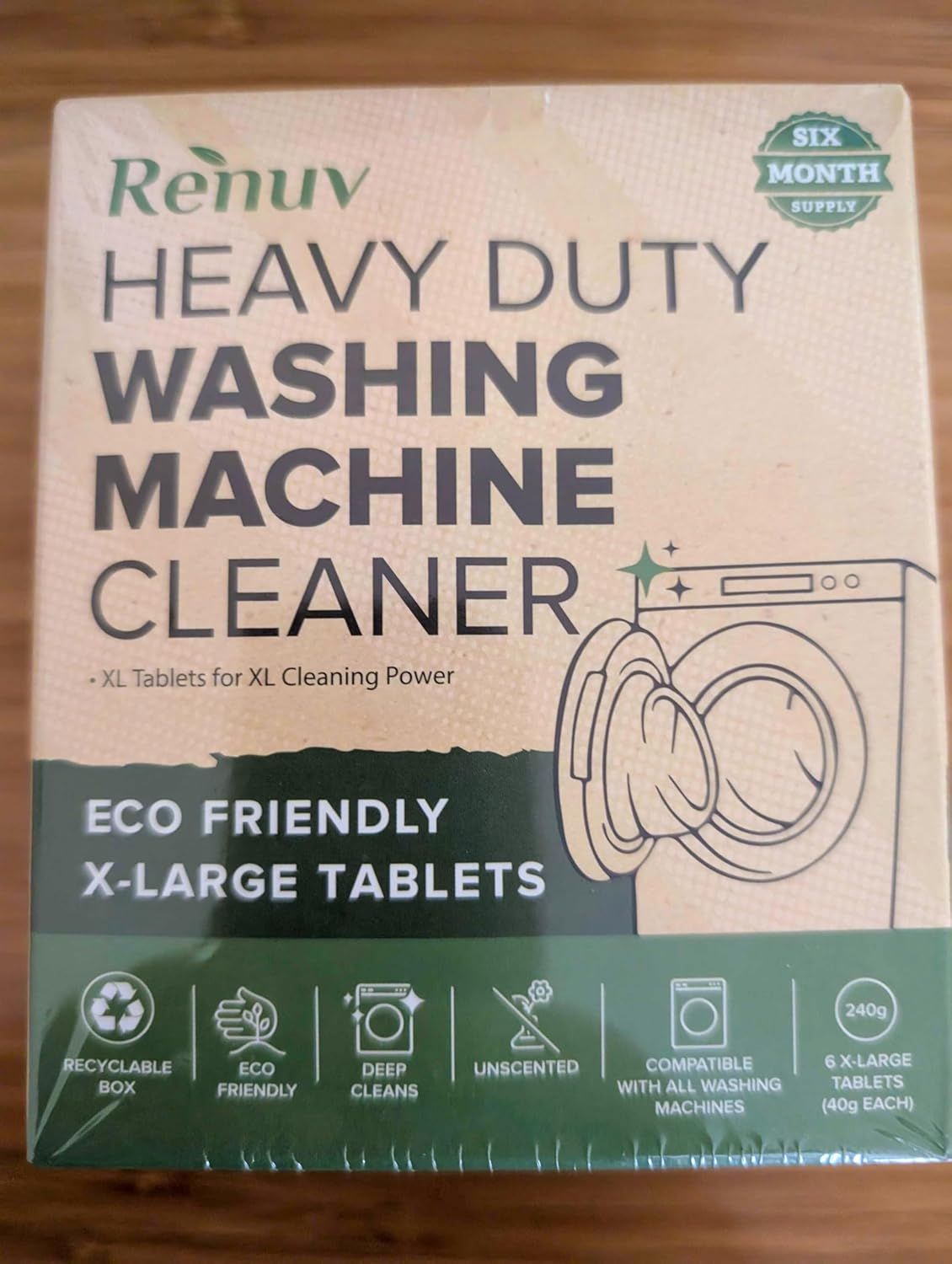 Communicates multiple selling points of the washing machine cleaner tablets including environmental benefits, cleaning power, compatibility, and lack of fragrance to appeal to eco-conscious shoppers.