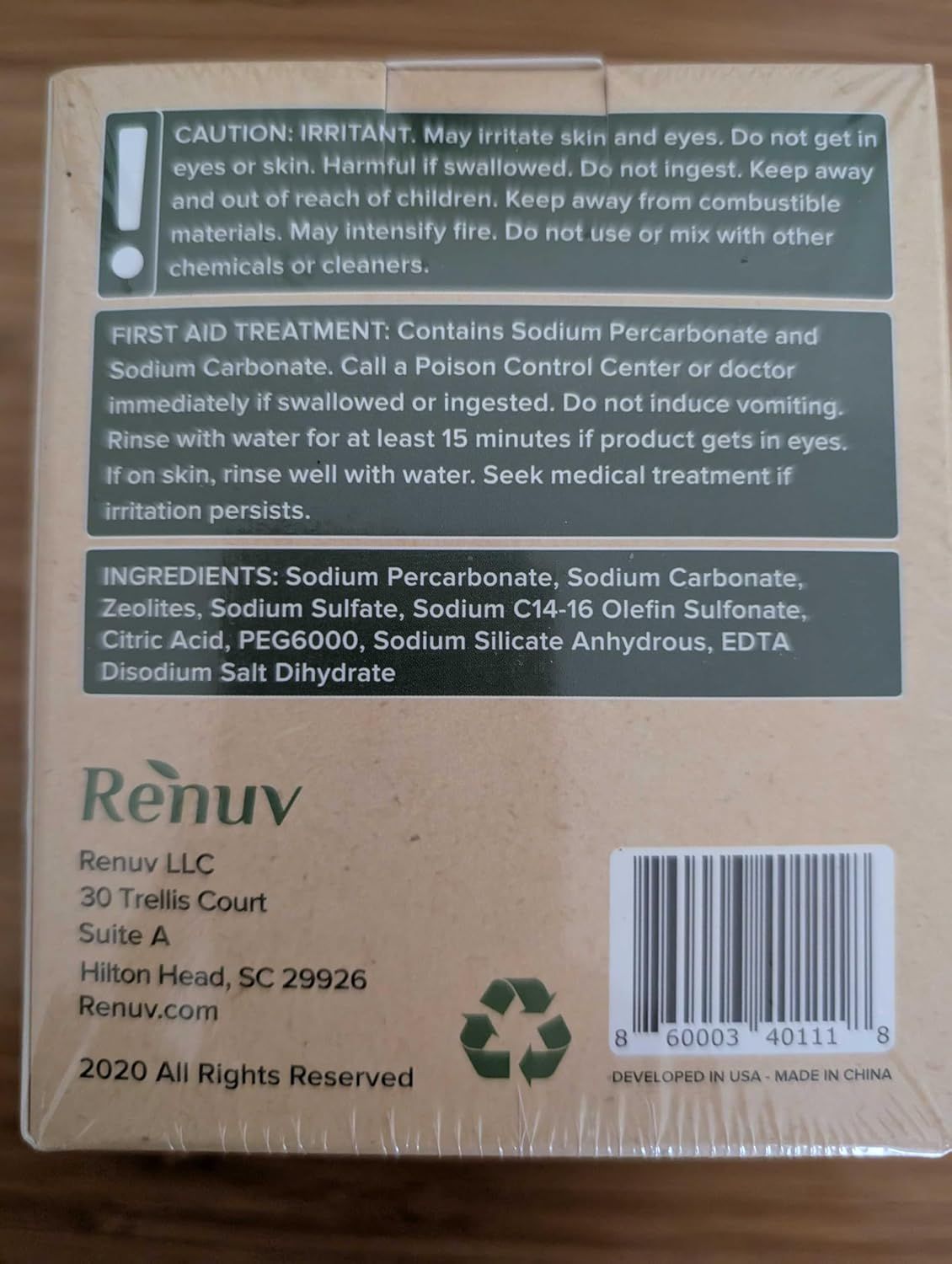 Communicates critical safety information including caution warnings, first aid treatment, and ingredient list to ensure safe handling and use of the product.
