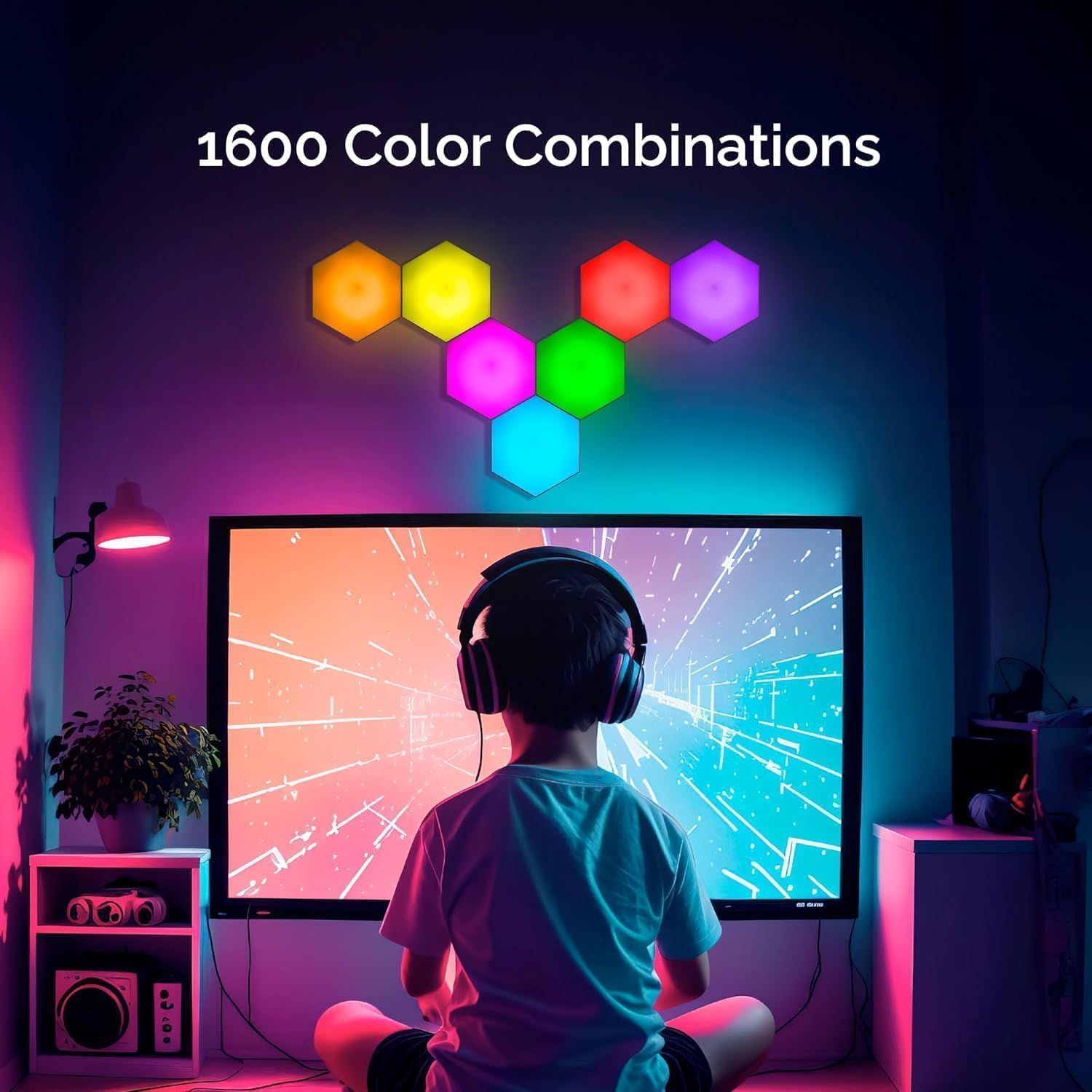 Communicates the extensive customization capability of the lighting product, showing shoppers they can create a wide variety of ambient lighting scenes.