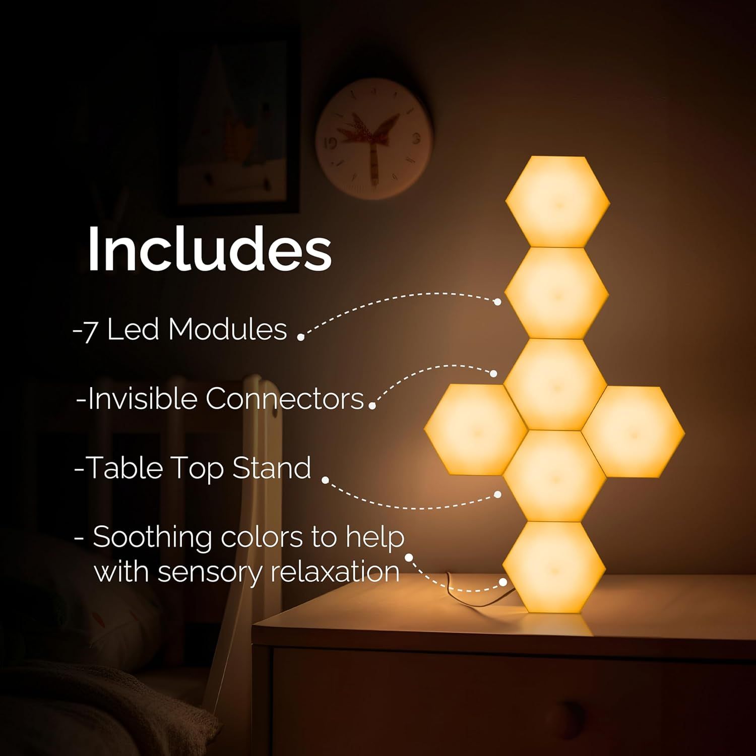 This image communicates what comes in the package when purchasing this hexagonal LED light product, including the modules, connectors, stand, and color features to help shoppers understand the…