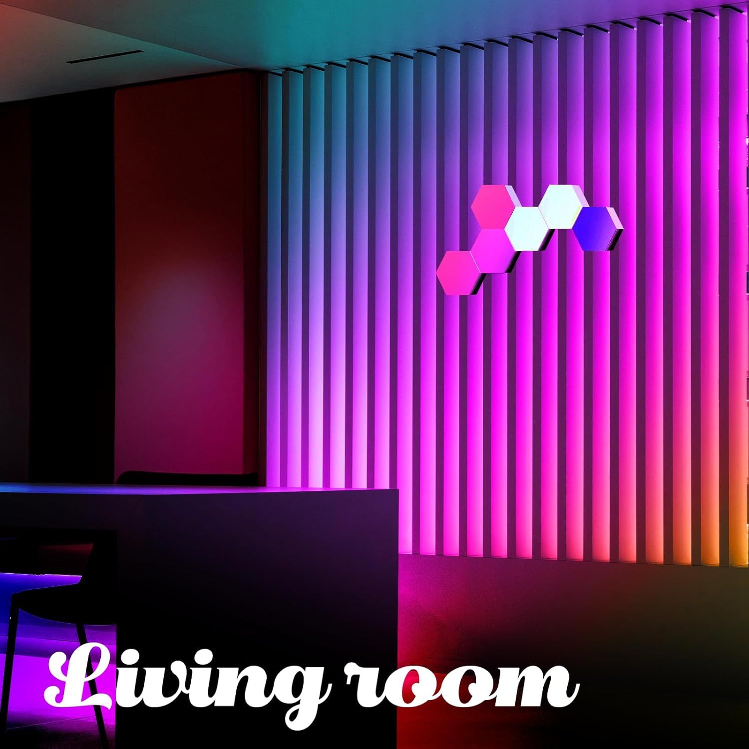 Demonstrates the product installed in a living room environment to show shoppers how the lighting panels can be used to create ambient mood lighting in residential spaces.