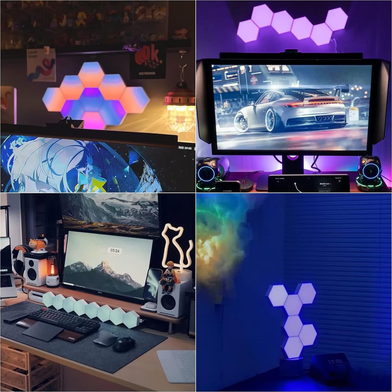 Demonstrates the versatility of the hexagonal LED light panels by showing them in multiple real-world environments including gaming setups, workstations, and entertainment spaces to illustrate…