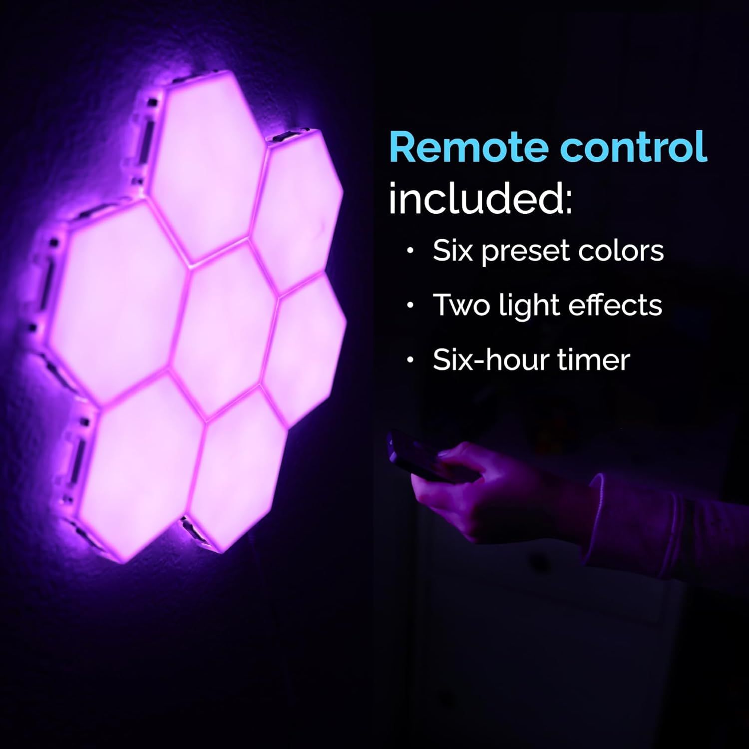Communicates multiple features of the remote control functionality to show shoppers the convenience and customization options available with the hexagonal light panels.