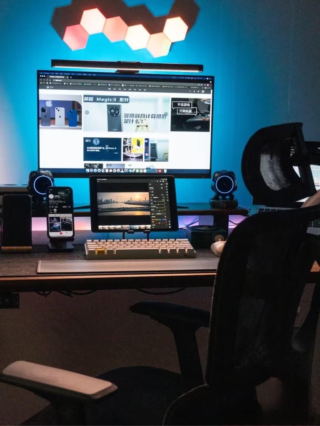 Demonstrates the product's versatility in a professional workspace environment, showing how it integrates with multiple devices for content creation and productivity tasks.