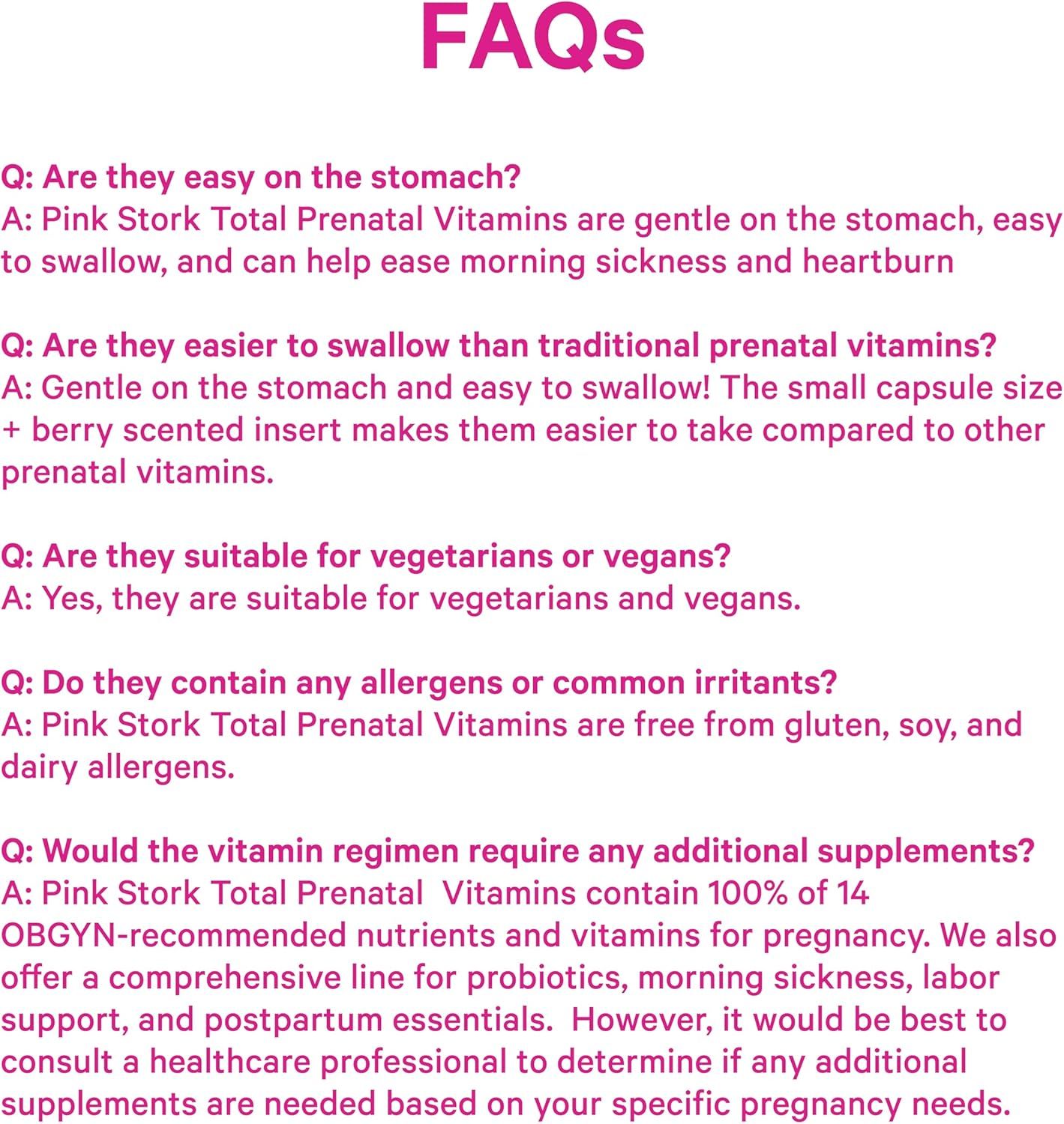This FAQ-style image addresses multiple common customer concerns about prenatal vitamins, including ease of swallowing, stomach sensitivity, dietary…