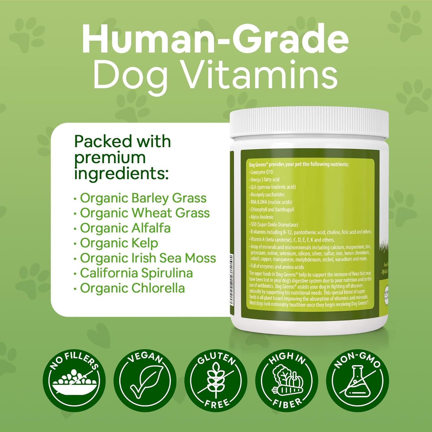 Communicates multiple selling points including human-grade quality, premium organic ingredients list, and various product attributes (vegan, gluten-free, high fiber, non-GMO, no fillers) to reassure…
