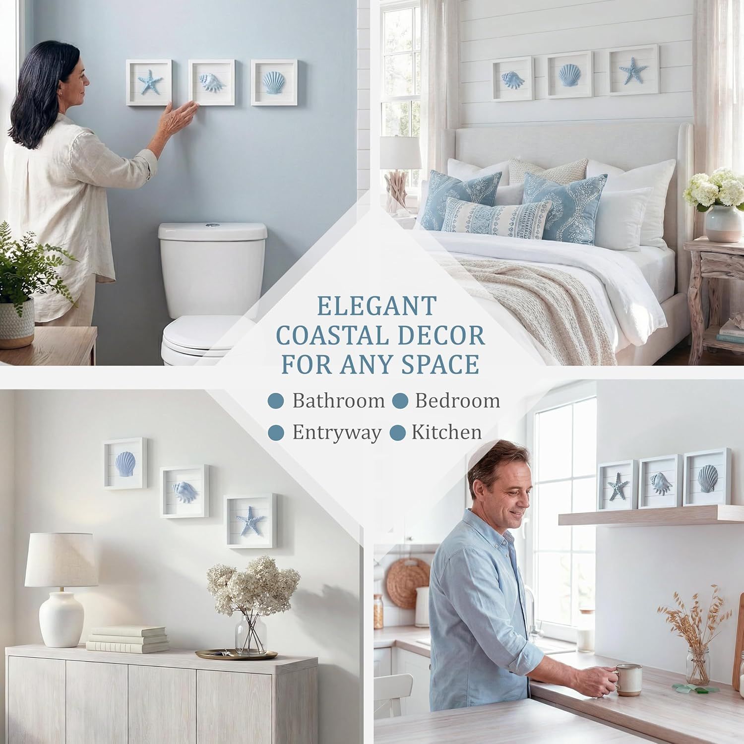 Demonstrates the versatility of the coastal decor product by showing it works beautifully in multiple rooms including bathroom, bedroom, entryway, and kitchen.