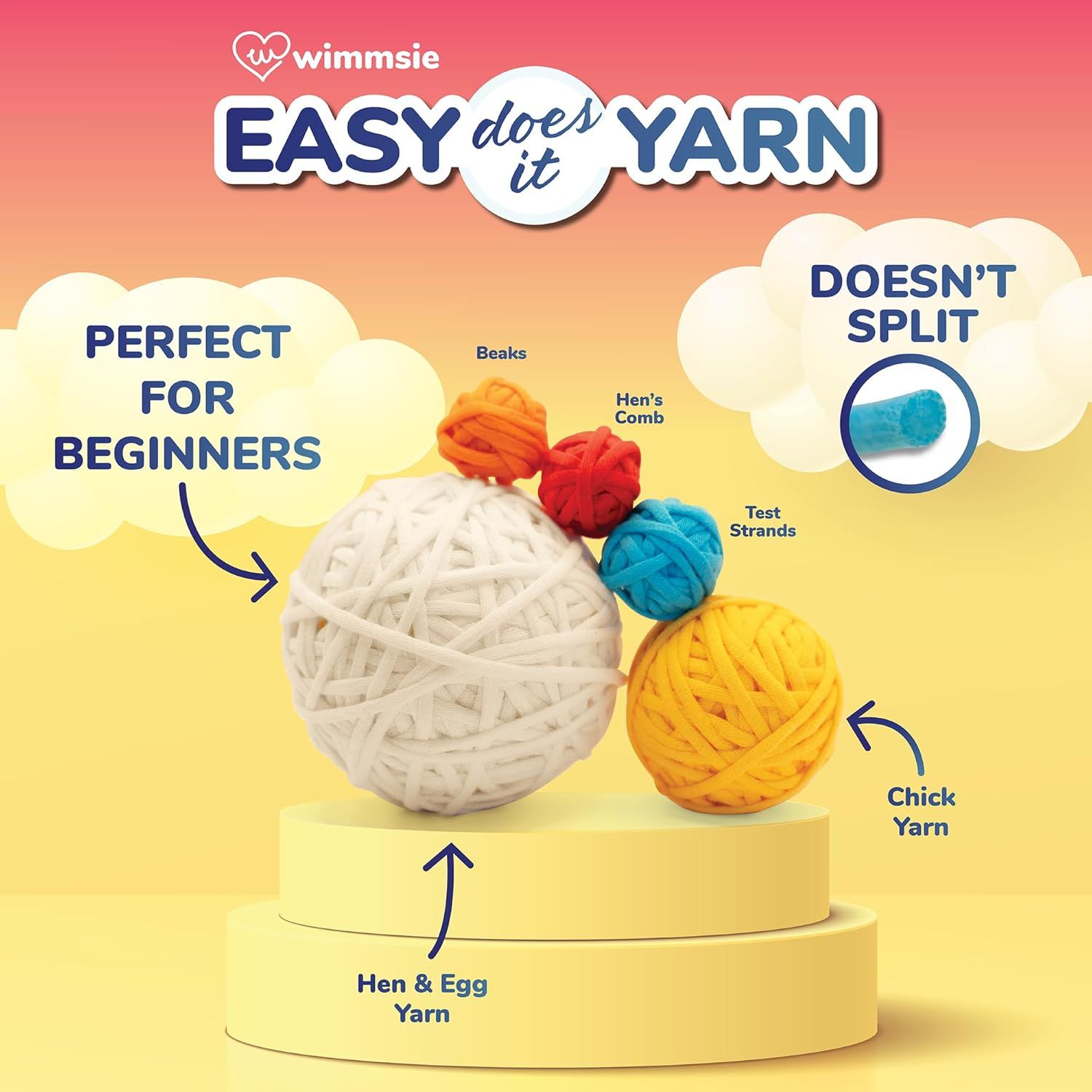 Communicates multiple benefits of the yarn product including beginner-friendliness, split-resistant quality, and variety of yarn types available to help shoppers understand why this yarn is easy to…