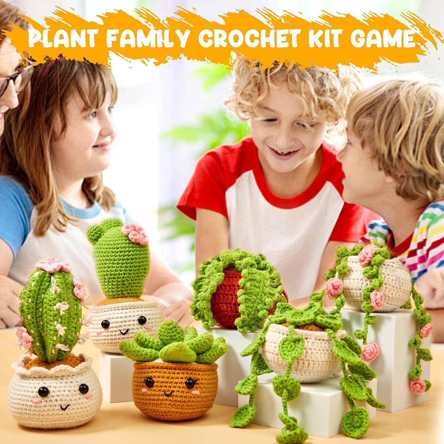 Shows children enjoying the crochet kit together in a real-world setting to demonstrate the product's appeal as a fun, engaging family activity.