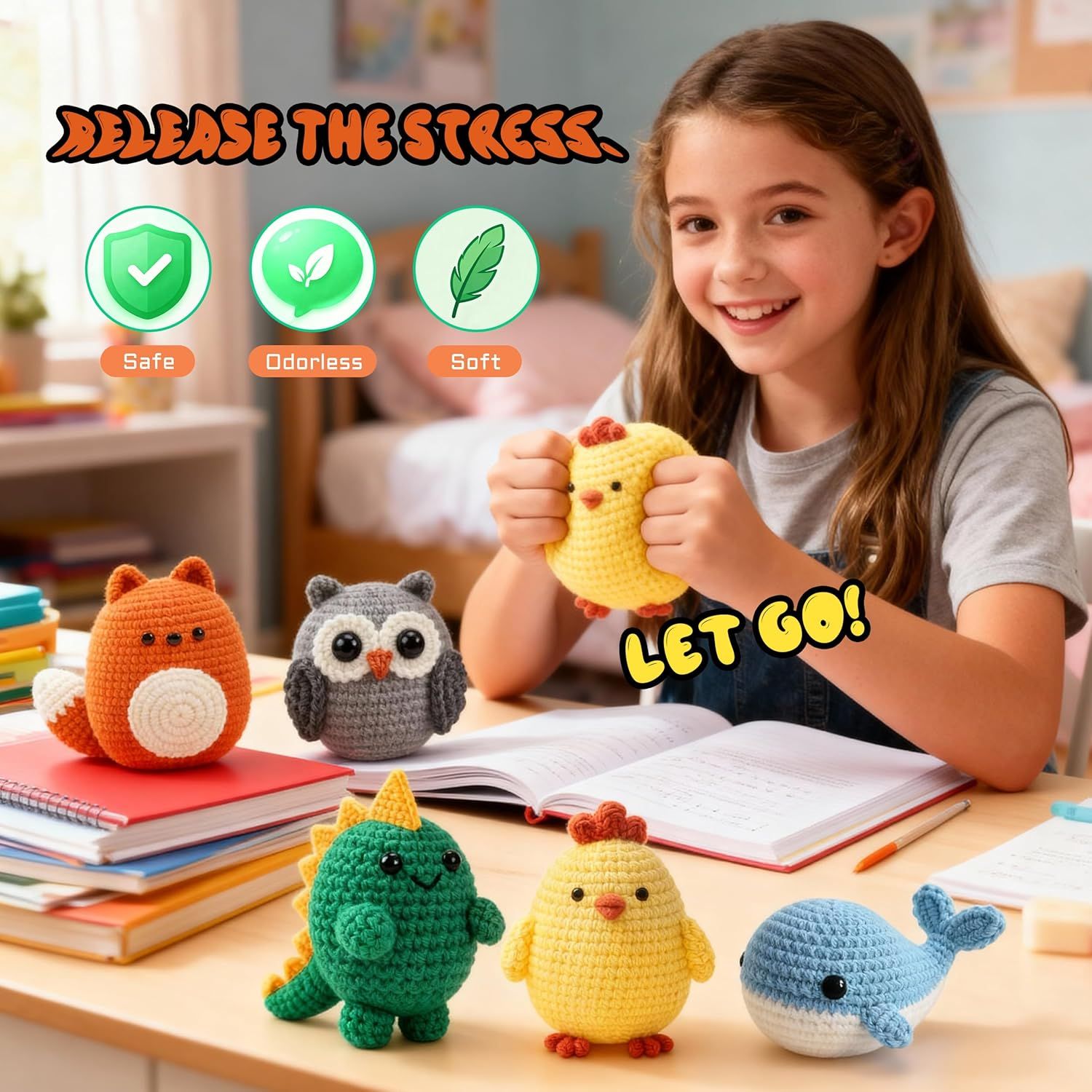 Communicates three key product benefits (safe, odorless, soft) to reassure parents that these stress-relief toys are child-friendly and made with quality materials.
